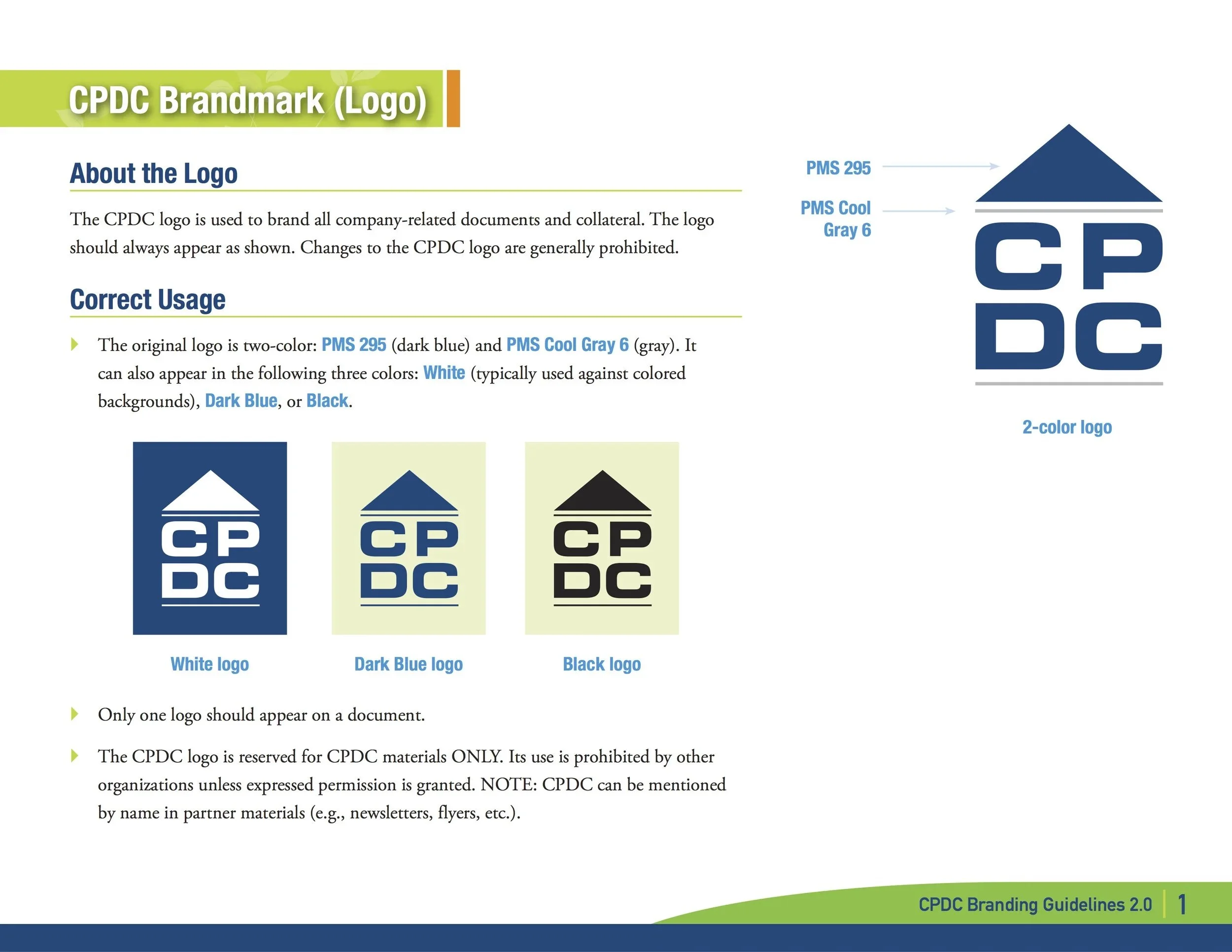 Guide explaining the CPDC logo usage, colors, and variations, with a diagram showing the logo in blue, gray, and black versions, and text describing correct logo application and color options.