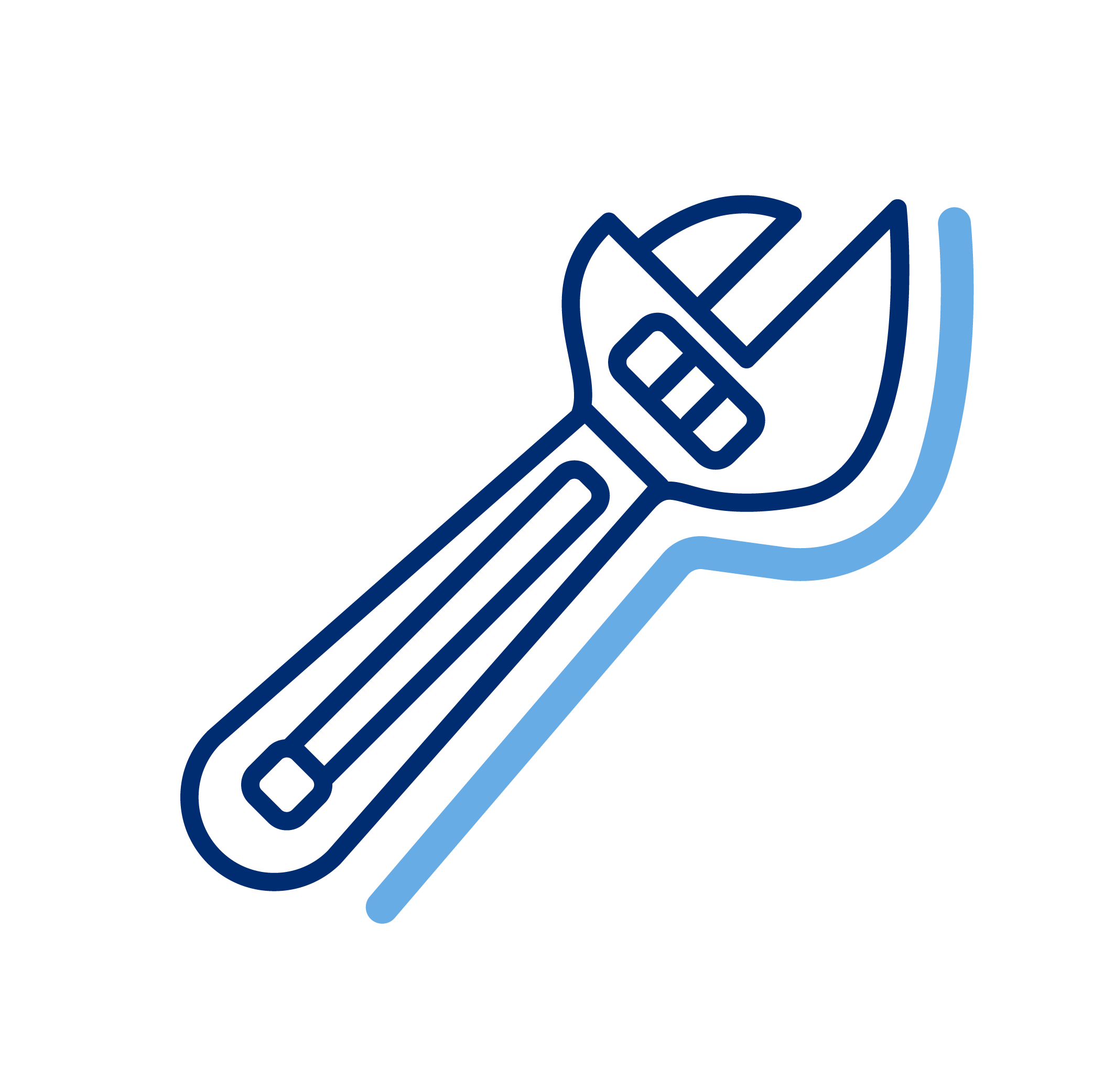 Stylized blue neon line drawing of a wrench against a black background.