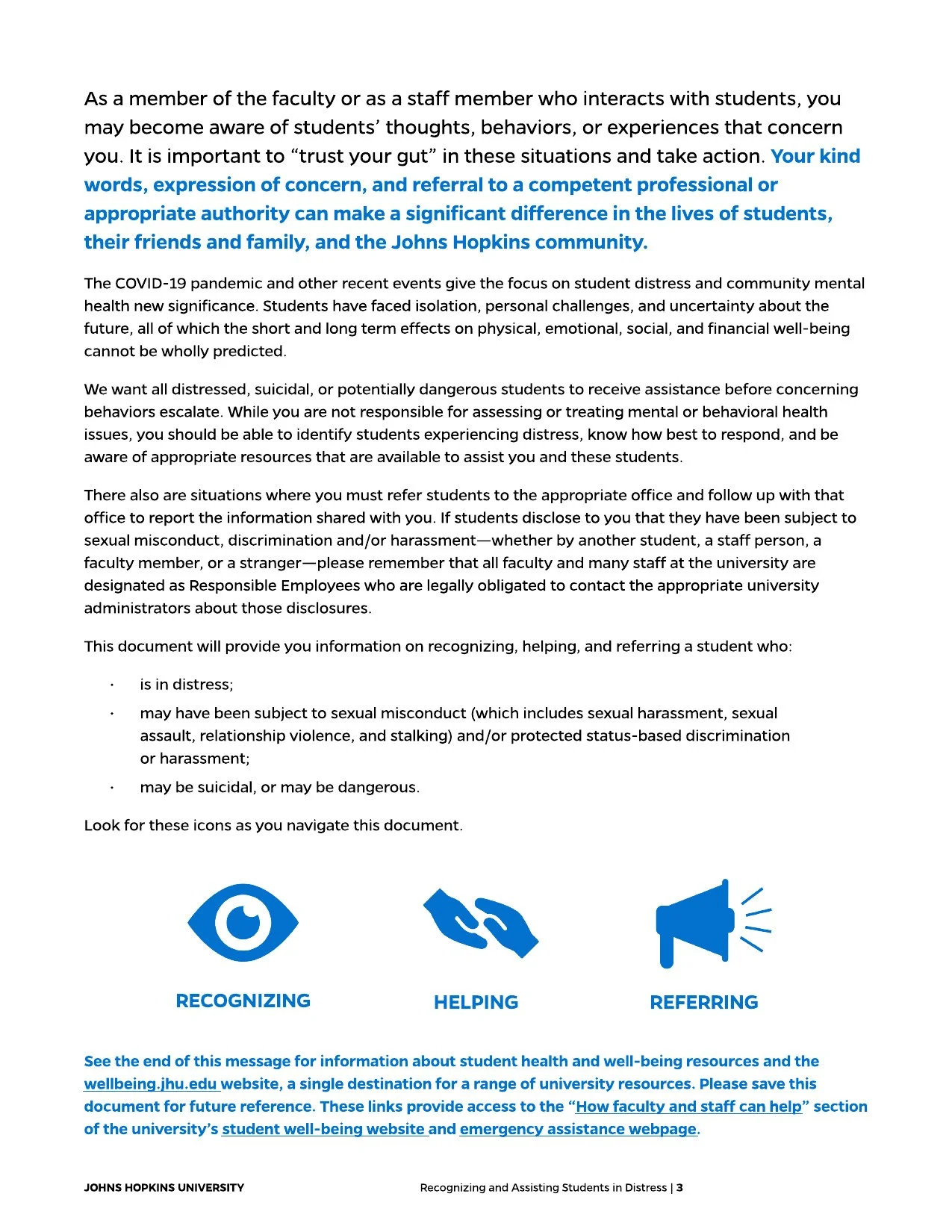 Document from Johns Hopkins University providing guidance on recognizing, helping, and referring students in distress, with icons representing recognizing, helping, and referring, and information about student mental health and safety.