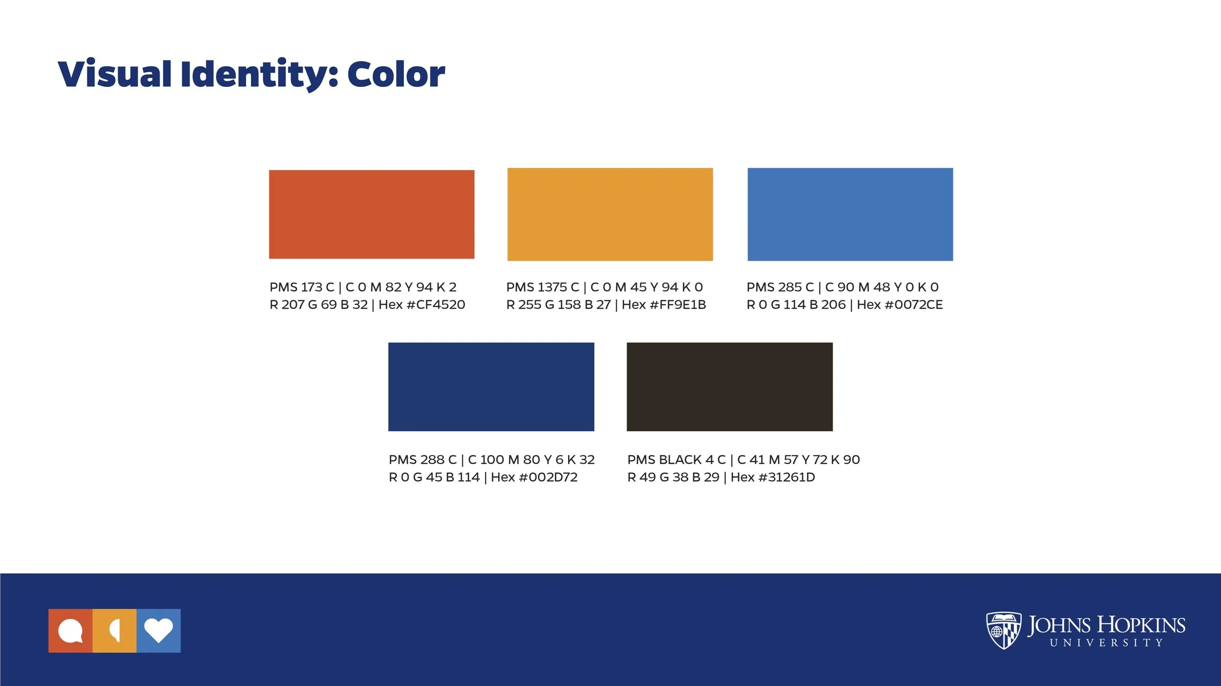 Color palette chart showing five colors with their respective color codes, names, and hex values, alongside the Johns Hopkins University logo at the bottom right corner, and three icons (speech bubble, person, heart) on an orange, yellow, and blue ba
