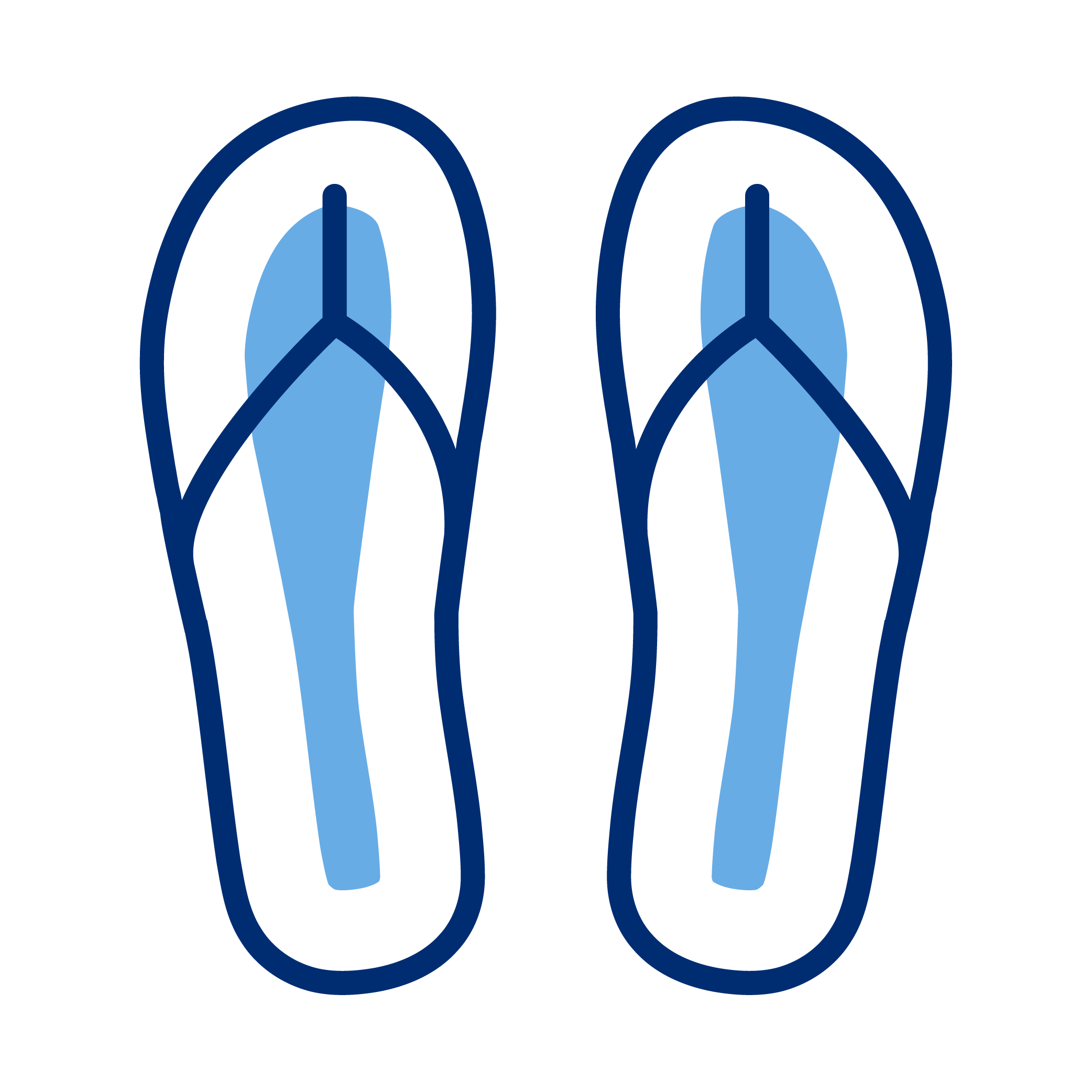 Simple digital illustration of a pair of blue flip-flops with dark outlines on a black background.