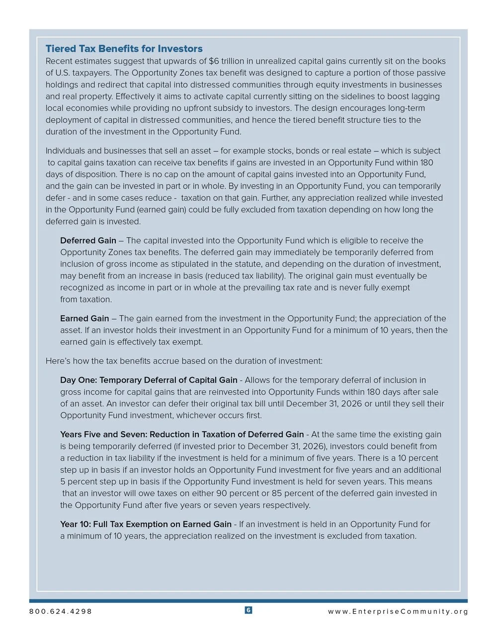 Pg 6 of a document titled "Tiered Tax Benefits for Investors" explaining tax benefits like deferred gain, earned gain, and how they accrue over time, with various detailed descriptions and time frames.