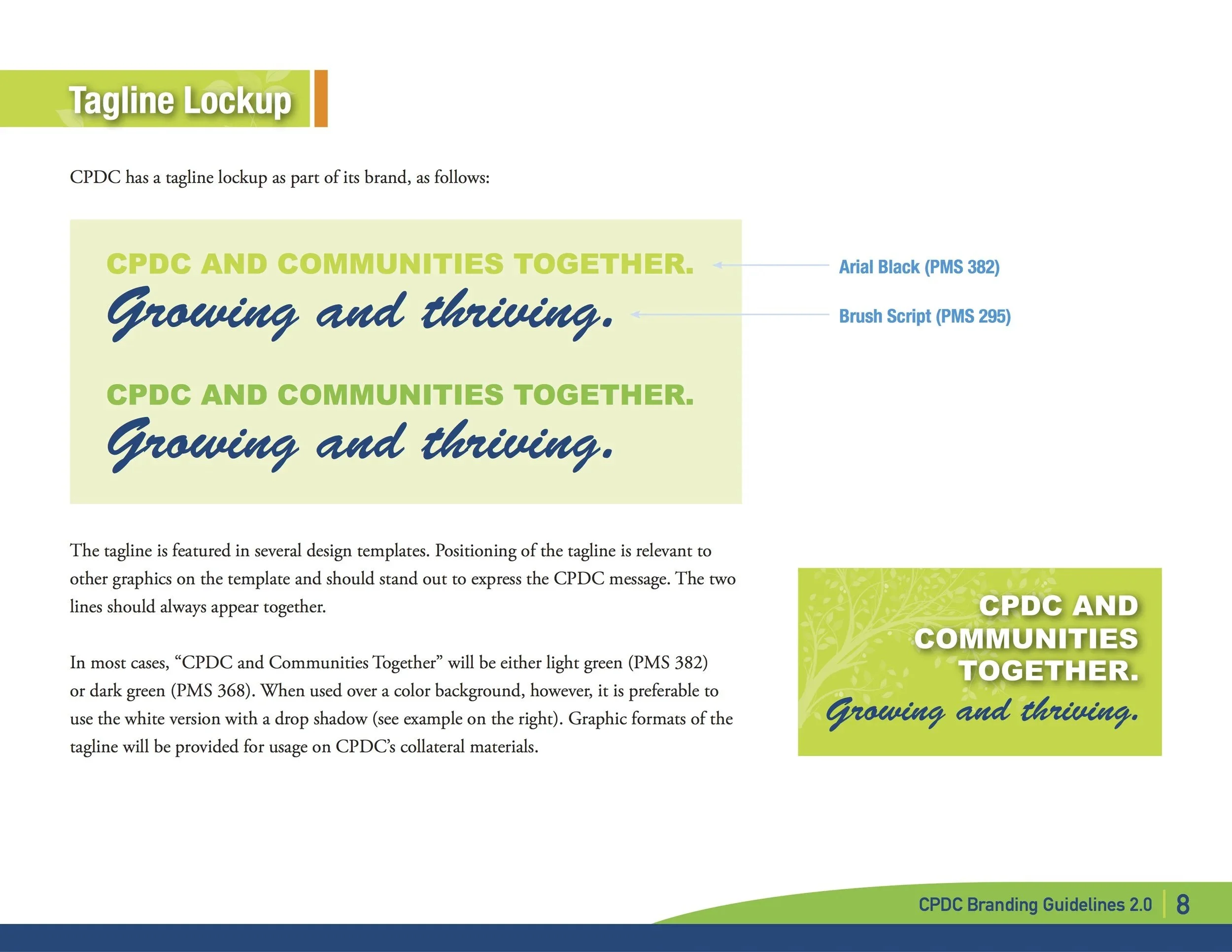 Sample branding guideline page displaying a green and yellow header labeled 'Tagline Lockup.' The page shows a tagline in several design formats with different font styles and colors, accompanied by color codes and an example logo on the right with a
