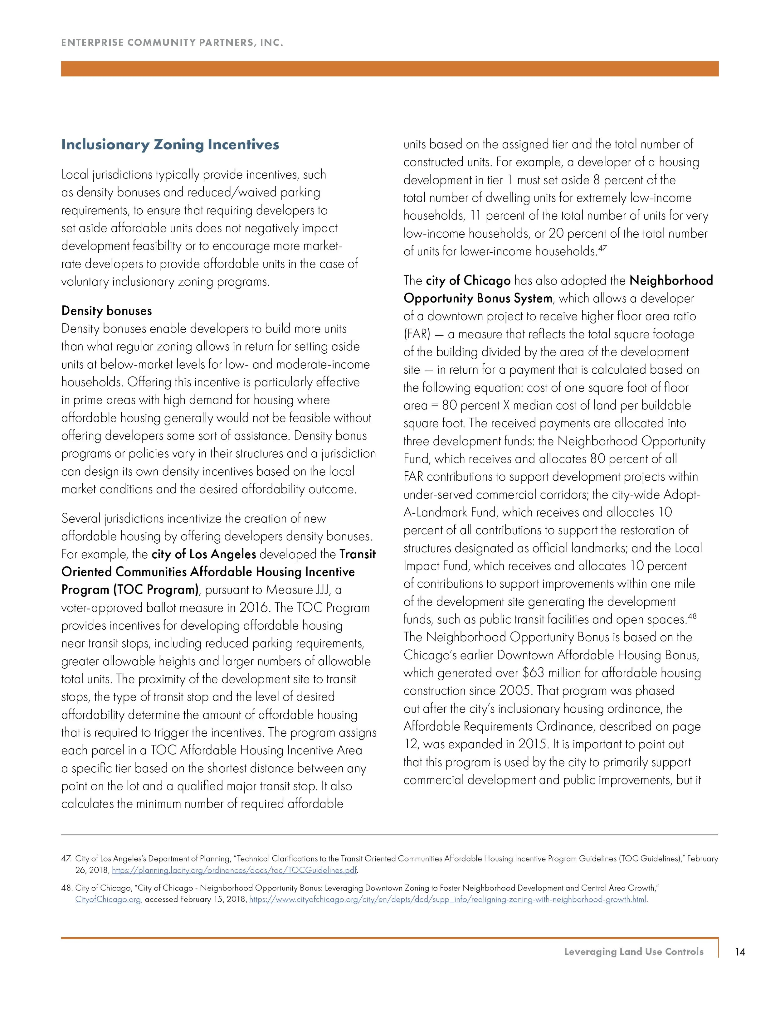 Screenshot of a page from a report discussing inclusionary zoning incentives and programs in Chicago, including density bonuses, transit-oriented development, and neighborhood opportunity bonus system, with references and sources listed at the bottom