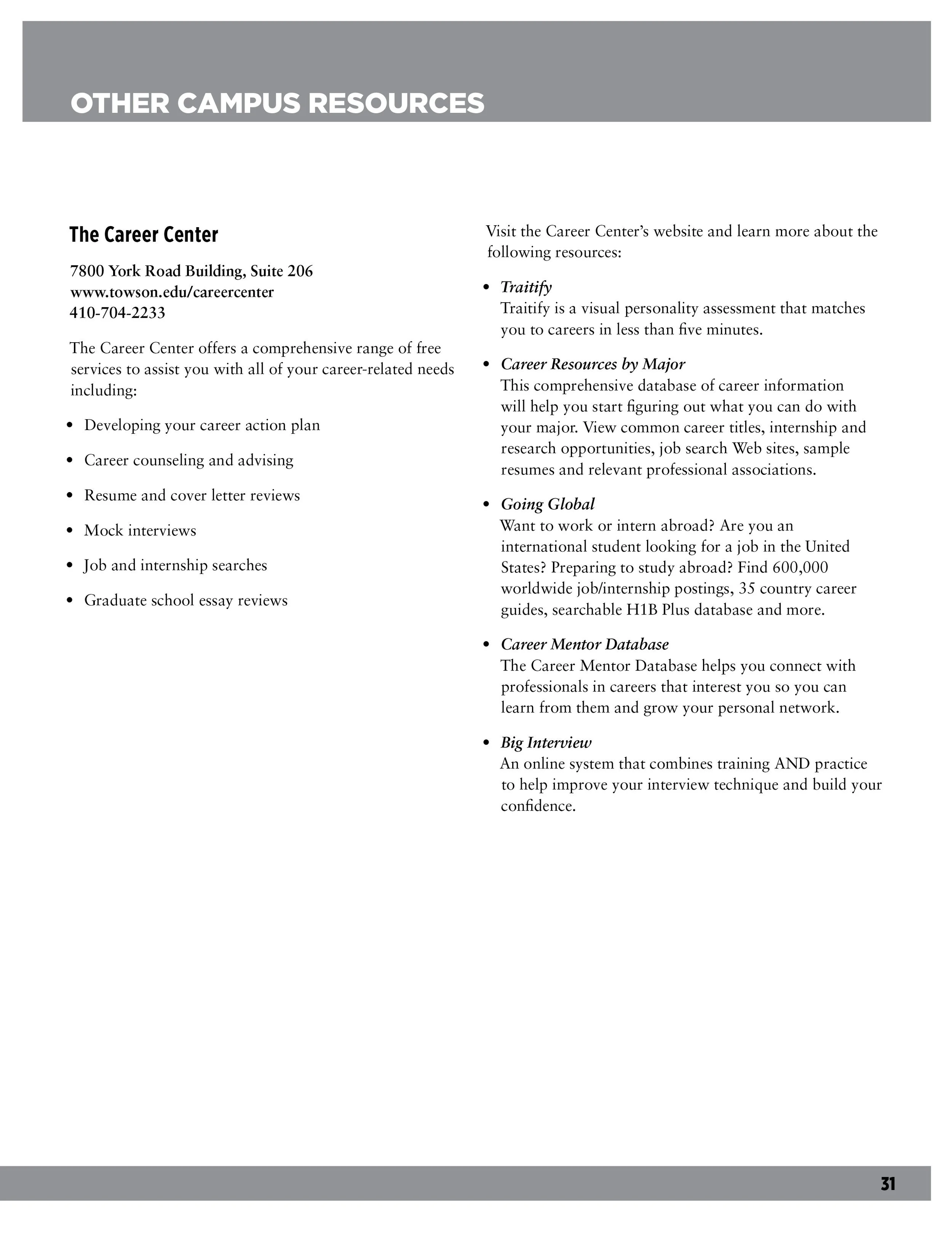 Page titled 'OTHER CAMPUS RESOURCES' detailing services offered by The Career Center, including career planning, counseling, resume reviews, mock interviews, job and internship searches, and graduate school reviews. Also includes descriptions of addi