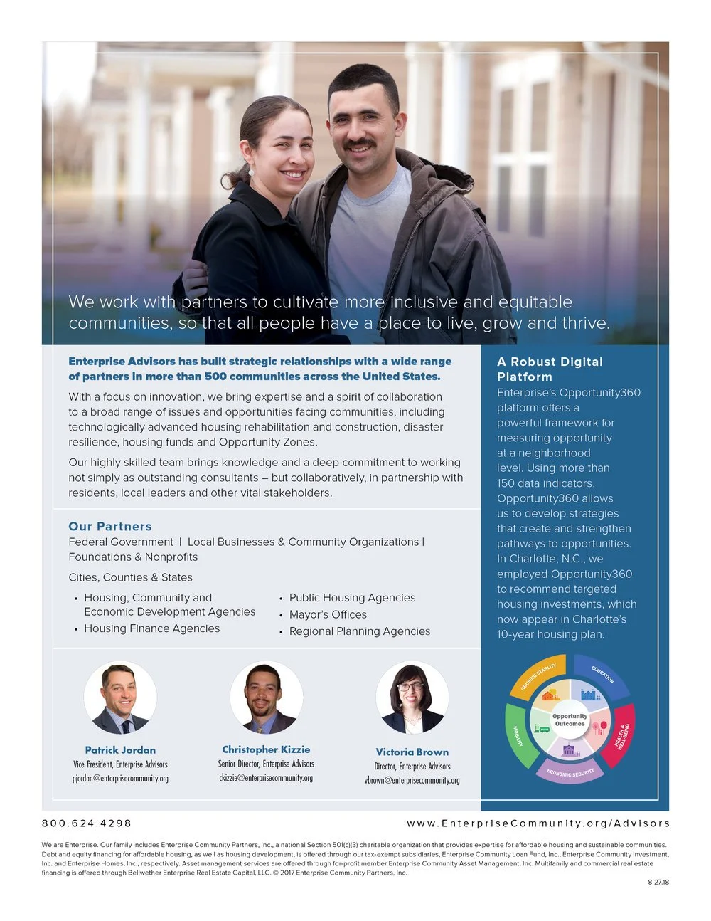 A promotional flyer featuring a smiling couple outdoors, with text about community development and enterprise advisory partnerships, and headshots of three team members at the bottom.