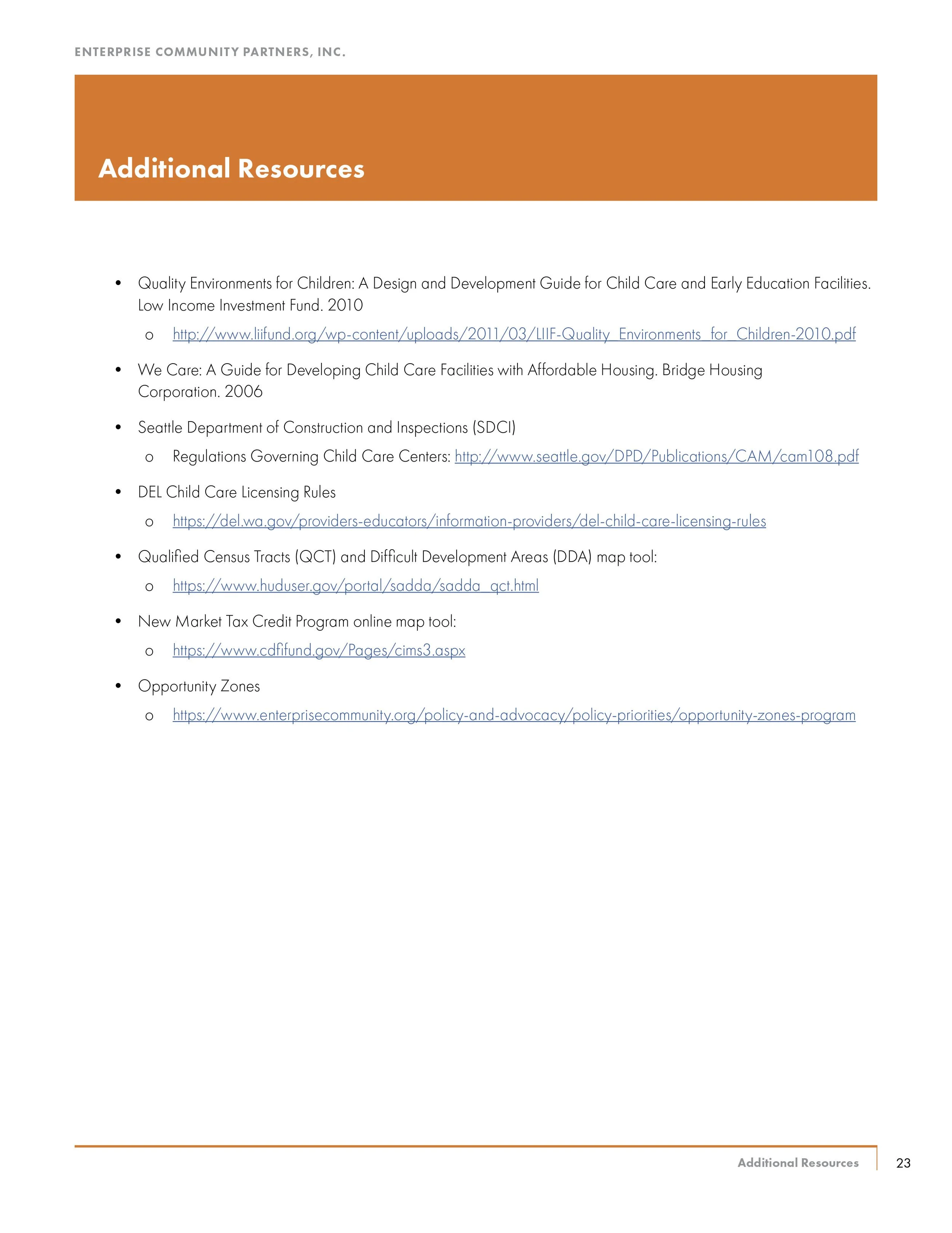 A document titled 'Additional Resources' listing various links related to child care, housing, inspections, licensing rules, census data, tax credit programs, and opportunity zones, with an orange header bar and the page number 23 at the bottom.