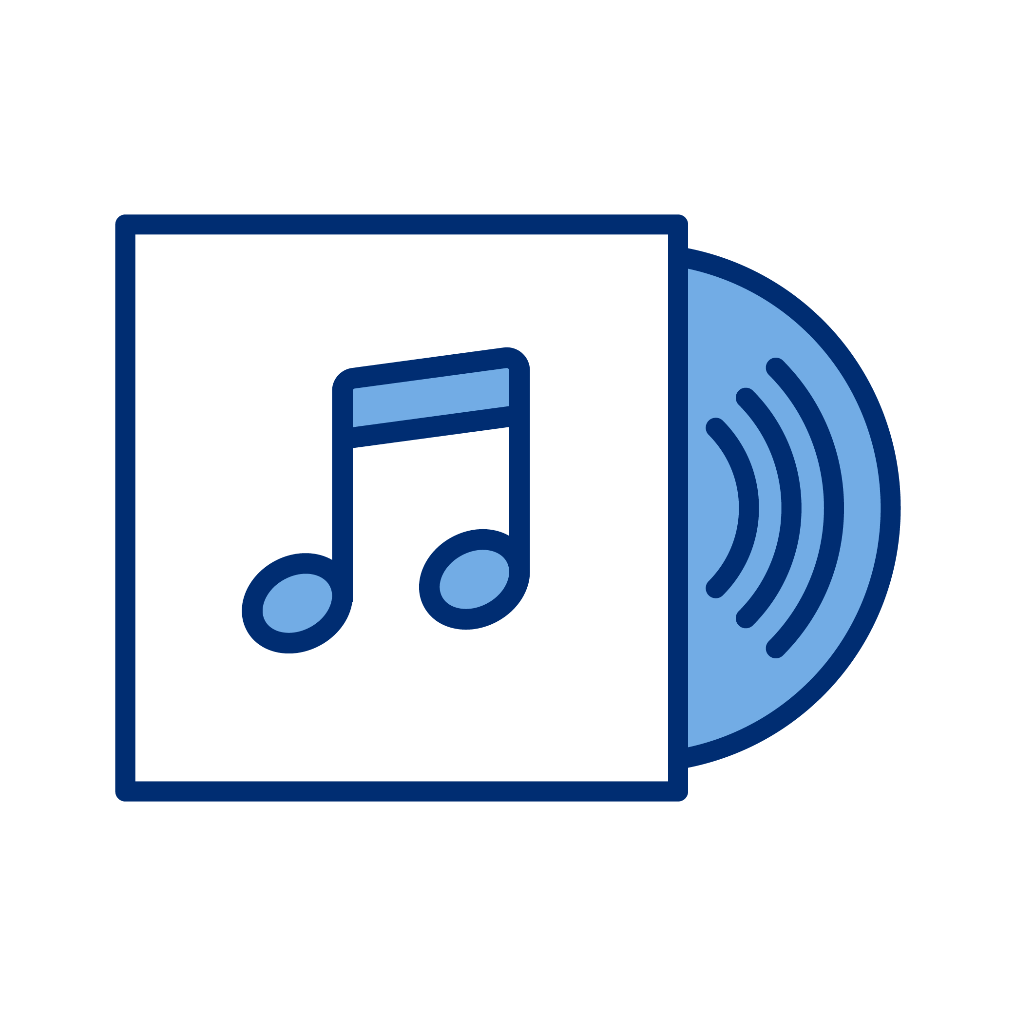 Music note icon on a music CD case with a disc partially visible behind it.