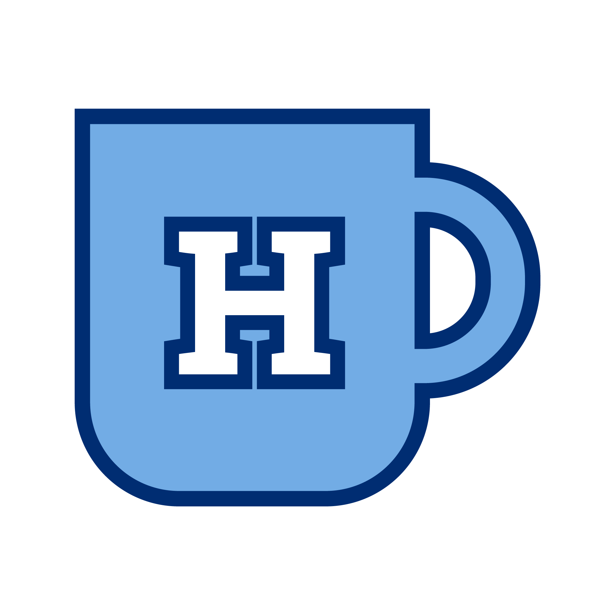 Light blue mug with a dark blue letter H on the front.