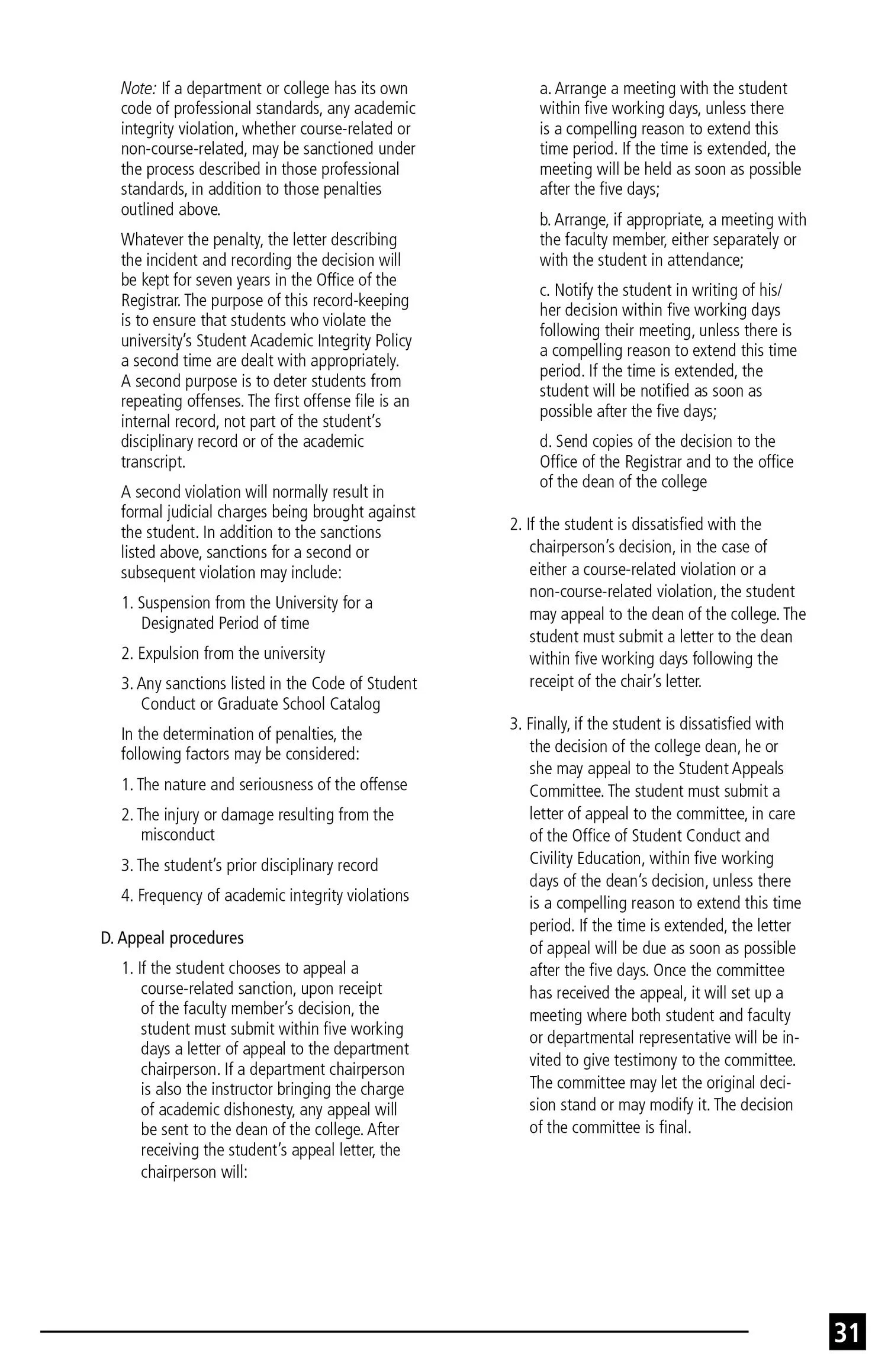Page 31 from a document discussing academic integrity policies, violations, penalties, and appeal procedures in a college or university.