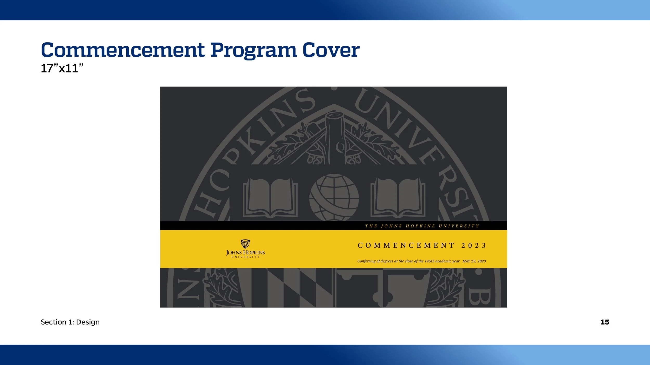 Cover page of the Johns Hopkins University 2023 commencement program with a dark background, yellow band, and text indicating the event and date.