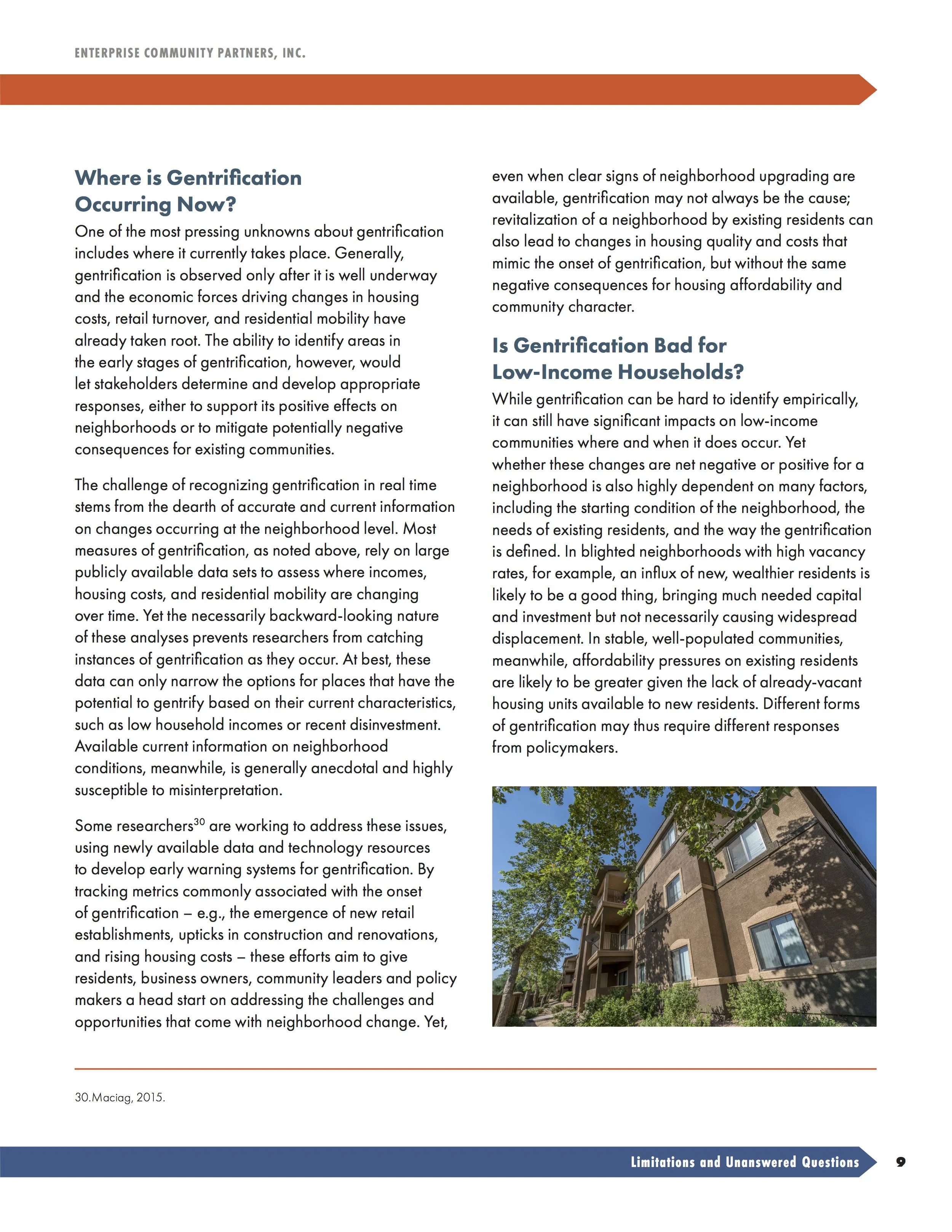 Page from a report or article discussing gentrification, including text and an image of a multi-story residential building with trees outside.