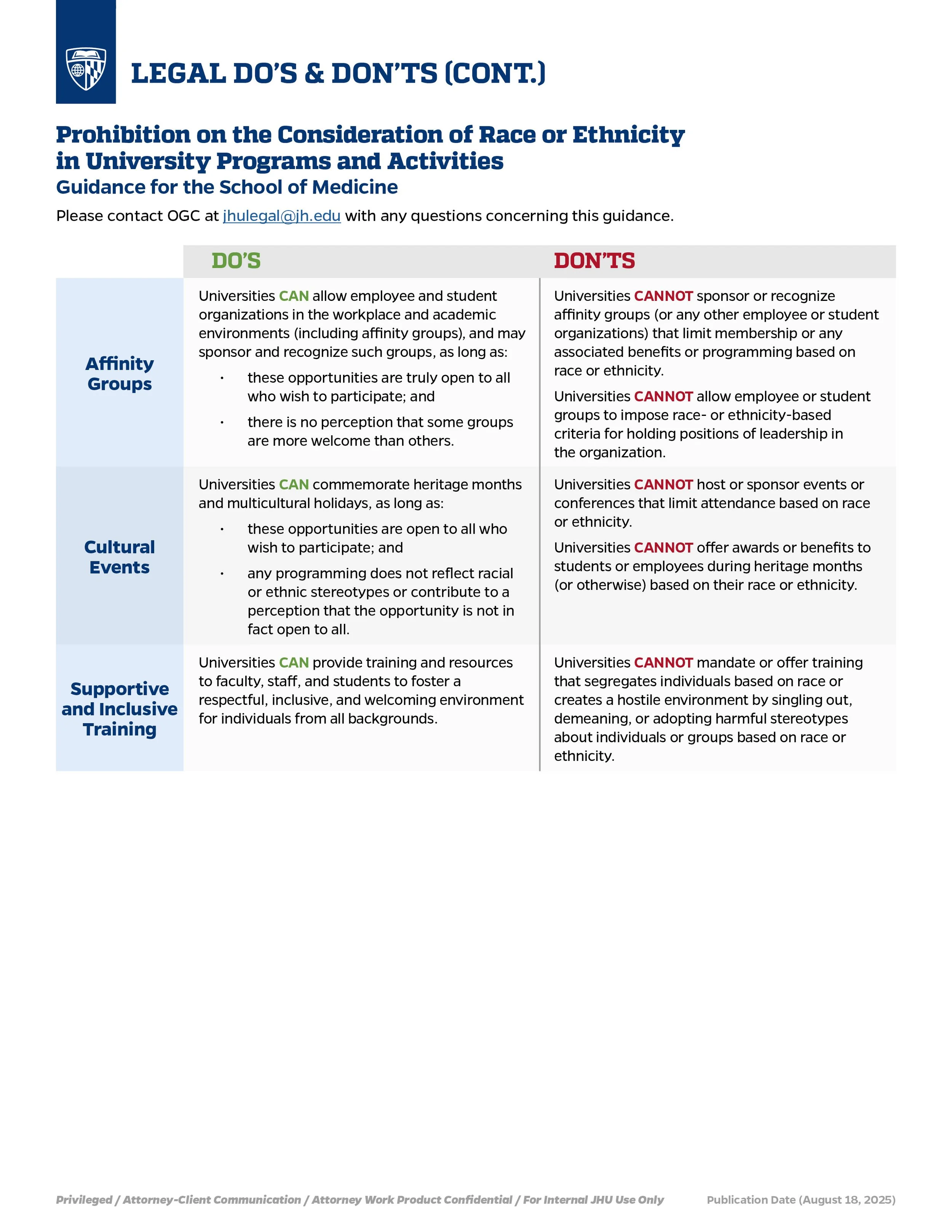 Guidance document outlining legal do's and don'ts regarding race and ethnicity considerations in university programs and activities, issued by the School of Medicine.