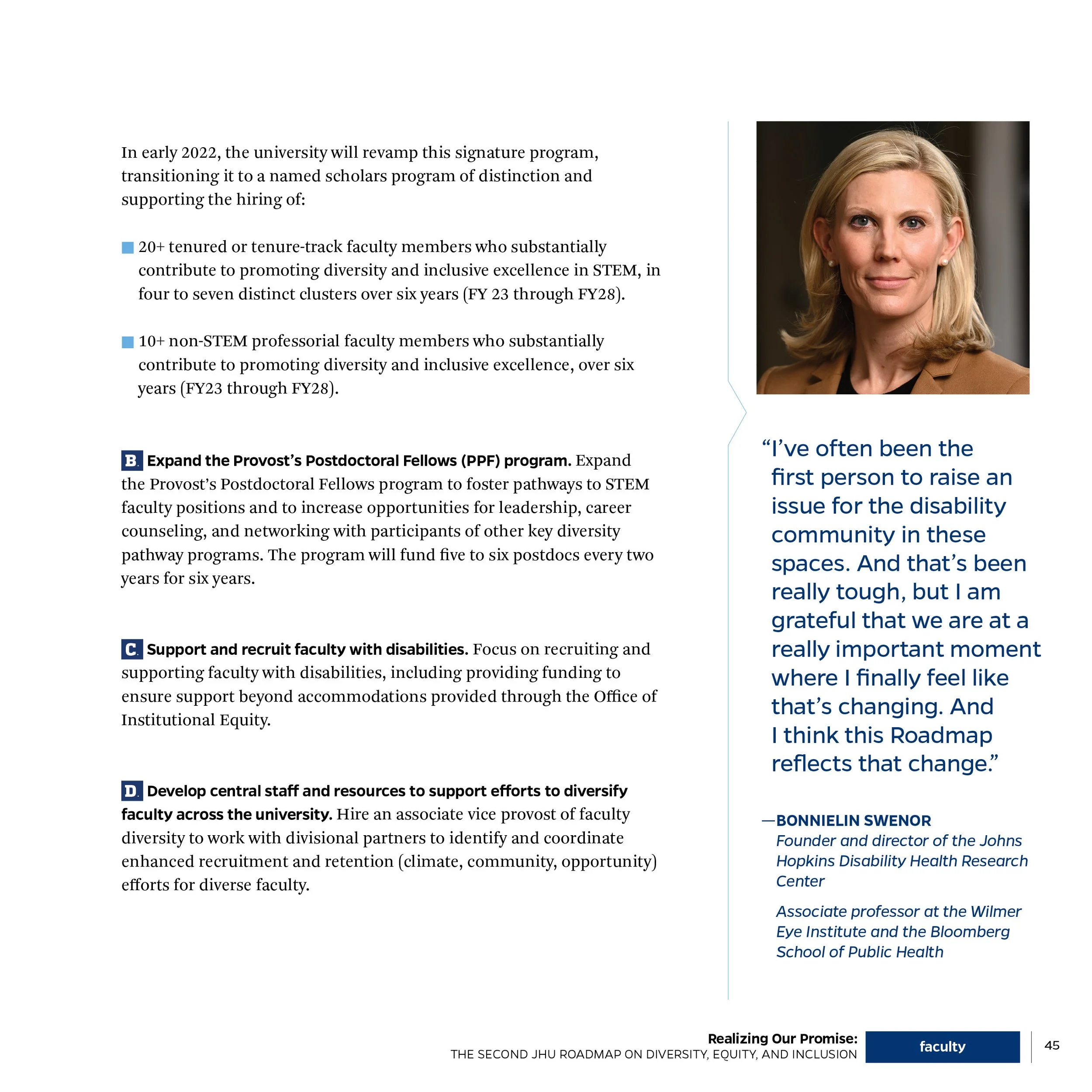 Page from a report with text, a photo of a woman, and a quote, discussing university initiatives for diversity, equity, and inclusion in academia.
