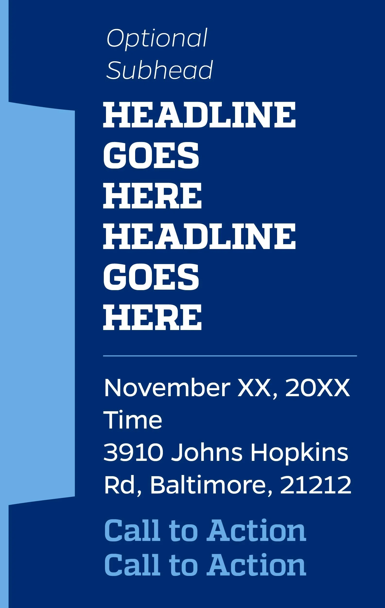 A blue flyer with placeholder text for a headline, date, time, address, and call to action, designed for event promotion.