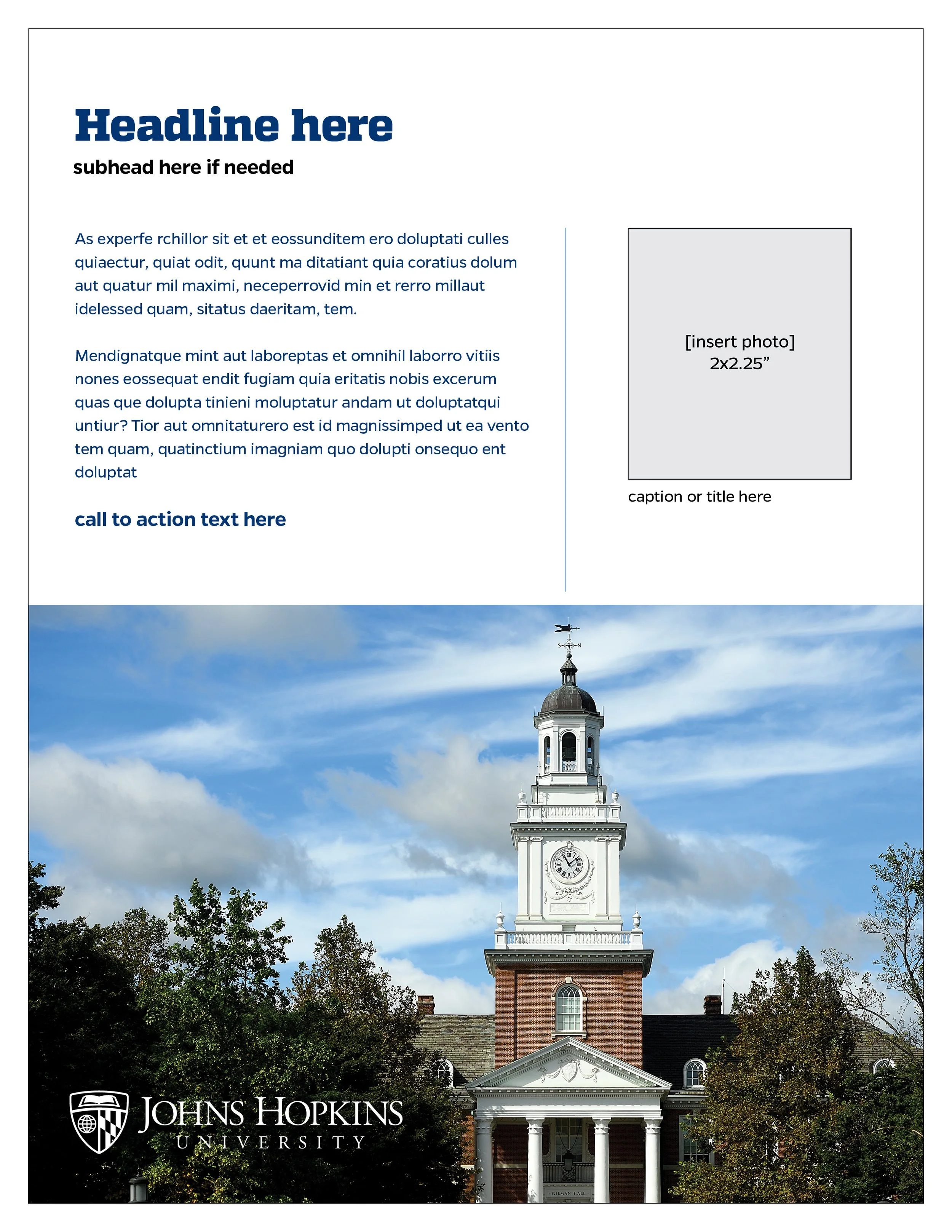A promotional flyer for Johns Hopkins University featuring a photo of the university's Gilman Hall with a clock tower, a blue sky with clouds, and trees. The flyer includes placeholder text for a headline, subheadline, and body content, along with a 