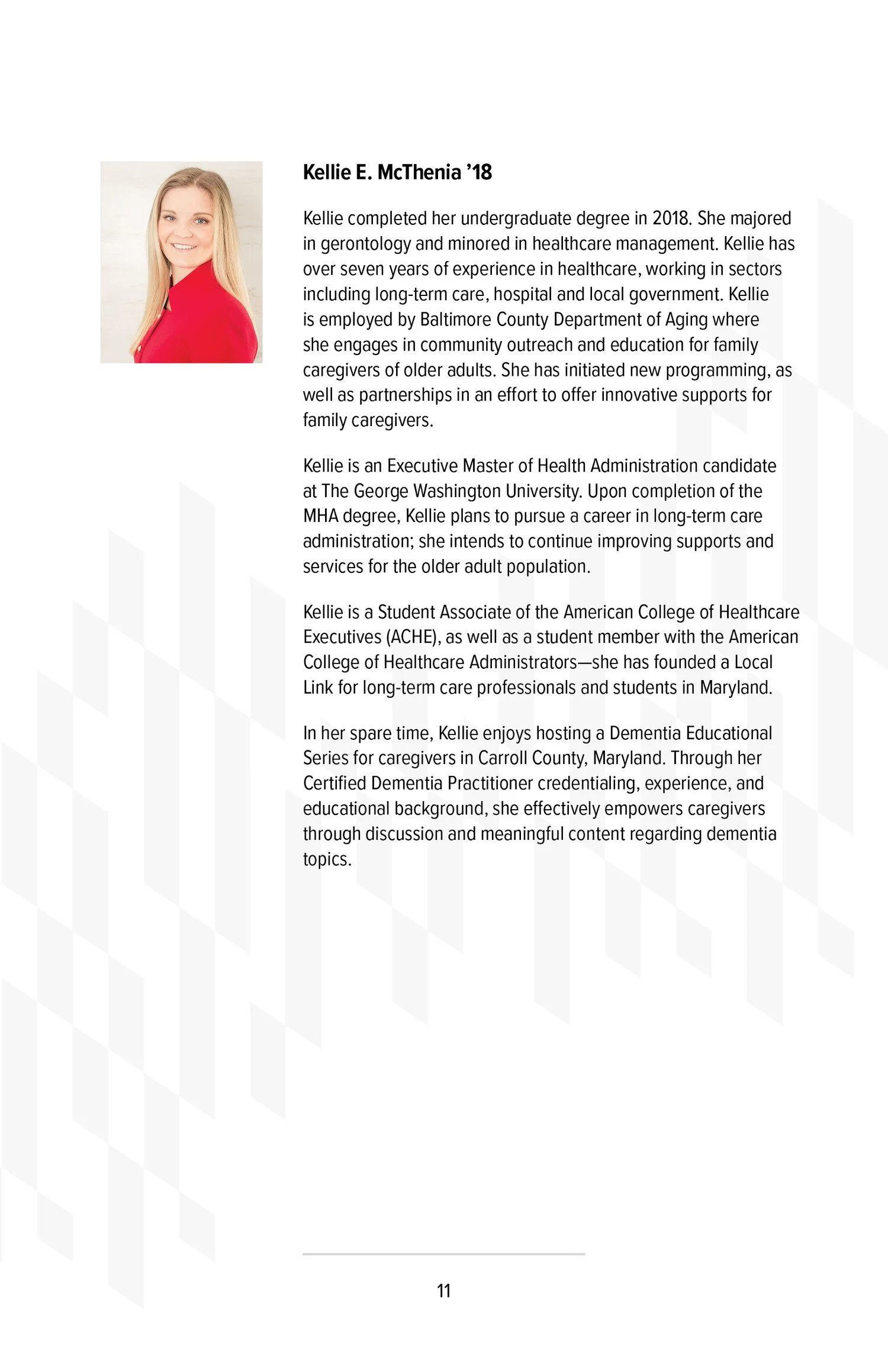 A professional profile page of Kellie E. McThenia, 2018, with a headshot photo of a woman with blonde hair wearing a red blazer and smiling. The page contains her educational background, work experience, and involvement in healthcare advocacy and edu