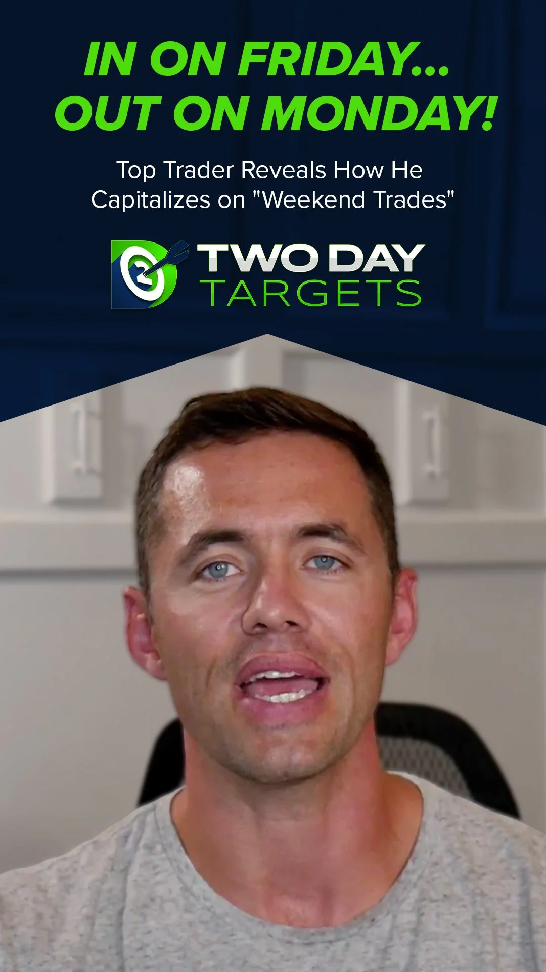 A man speaking in front of a background with text about trading advice, with a logo of a target and arrow labeled 'TWO DAY TARGETS.'