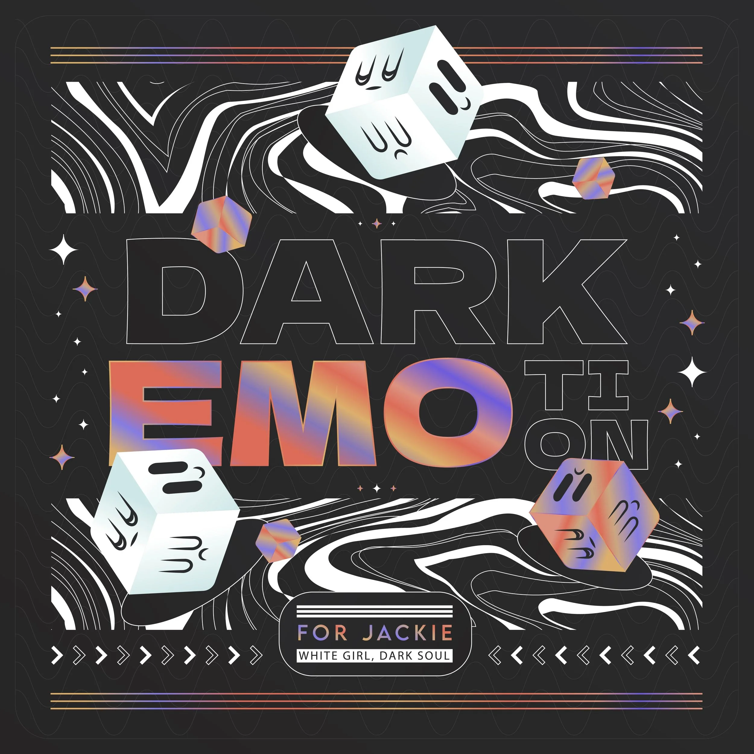 Dark background with swirling lines and star-like shapes, featuring three 3D cubes with faces and a mist or smoke effect. Prominent text reads 'DARK EMO' with smaller text below saying 'For Jackie' and 'White Girl, Dark Soul'.