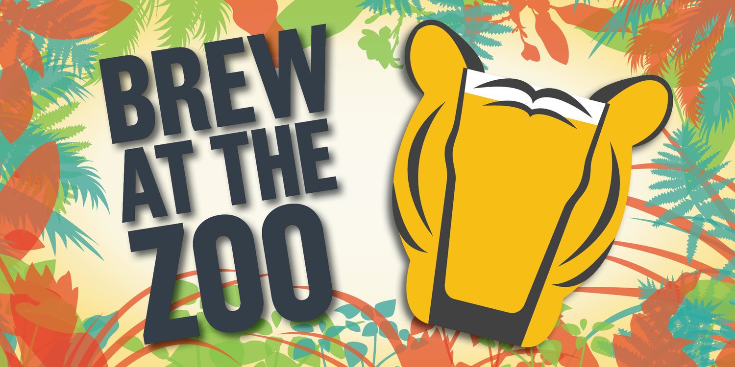 Colorful sign with the text 'Brew at the Zoo' and an illustration of a yellow bear holding a beer mug, surrounded by tropical leaves.