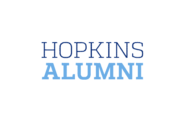 Hopkins Alumni logo with black background and blue text.