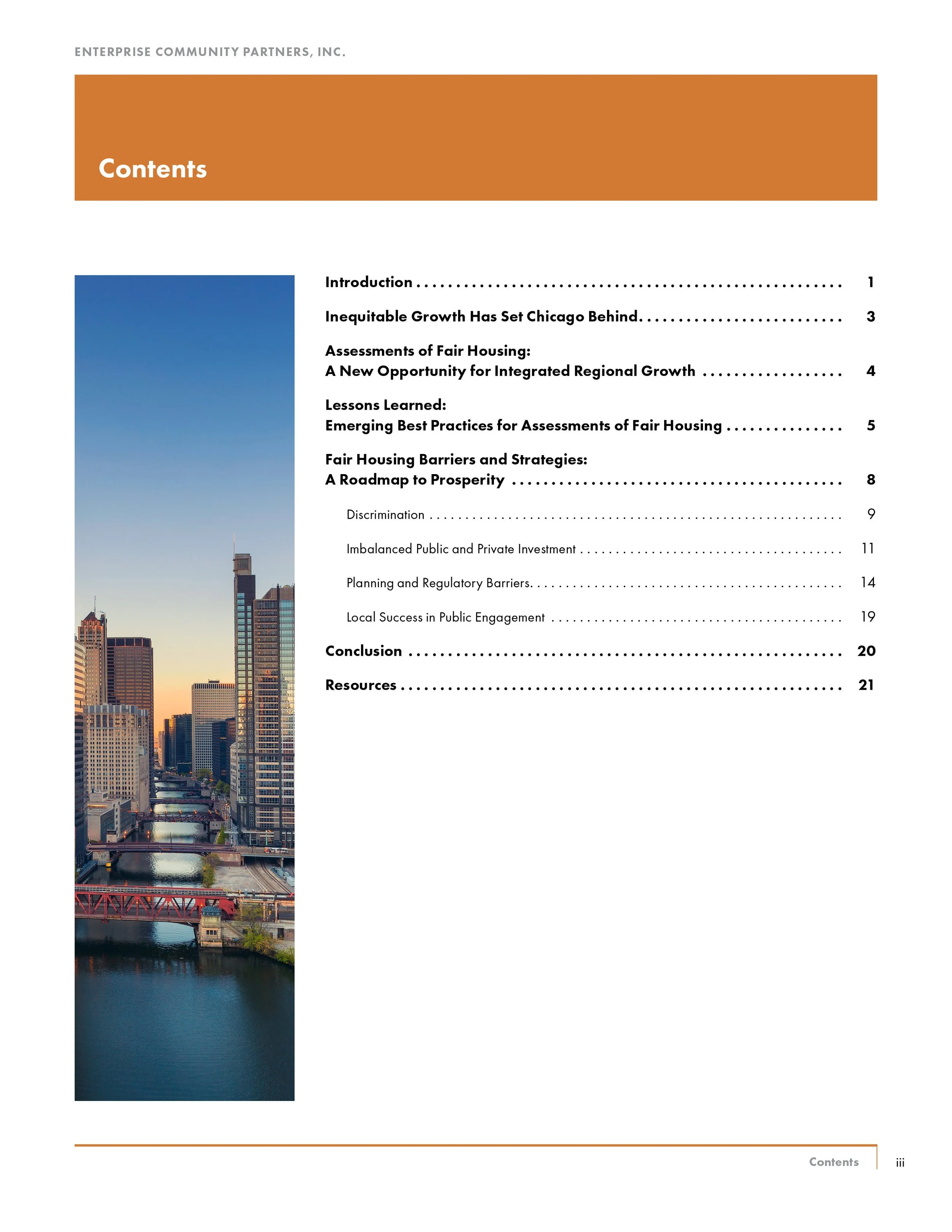 Table of contents page from a report with a large city skyline image on the left side, under an orange header titled 'Contents'.
