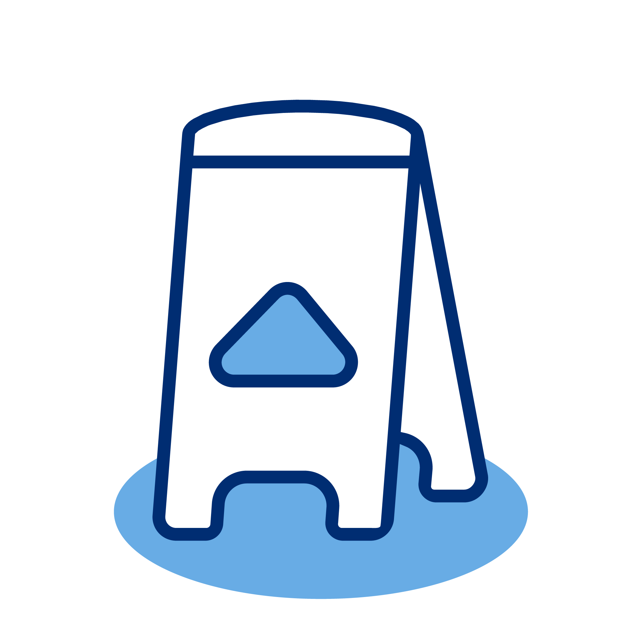 Illustration of a blue wet floor caution sign on a blue puddle against a black background.