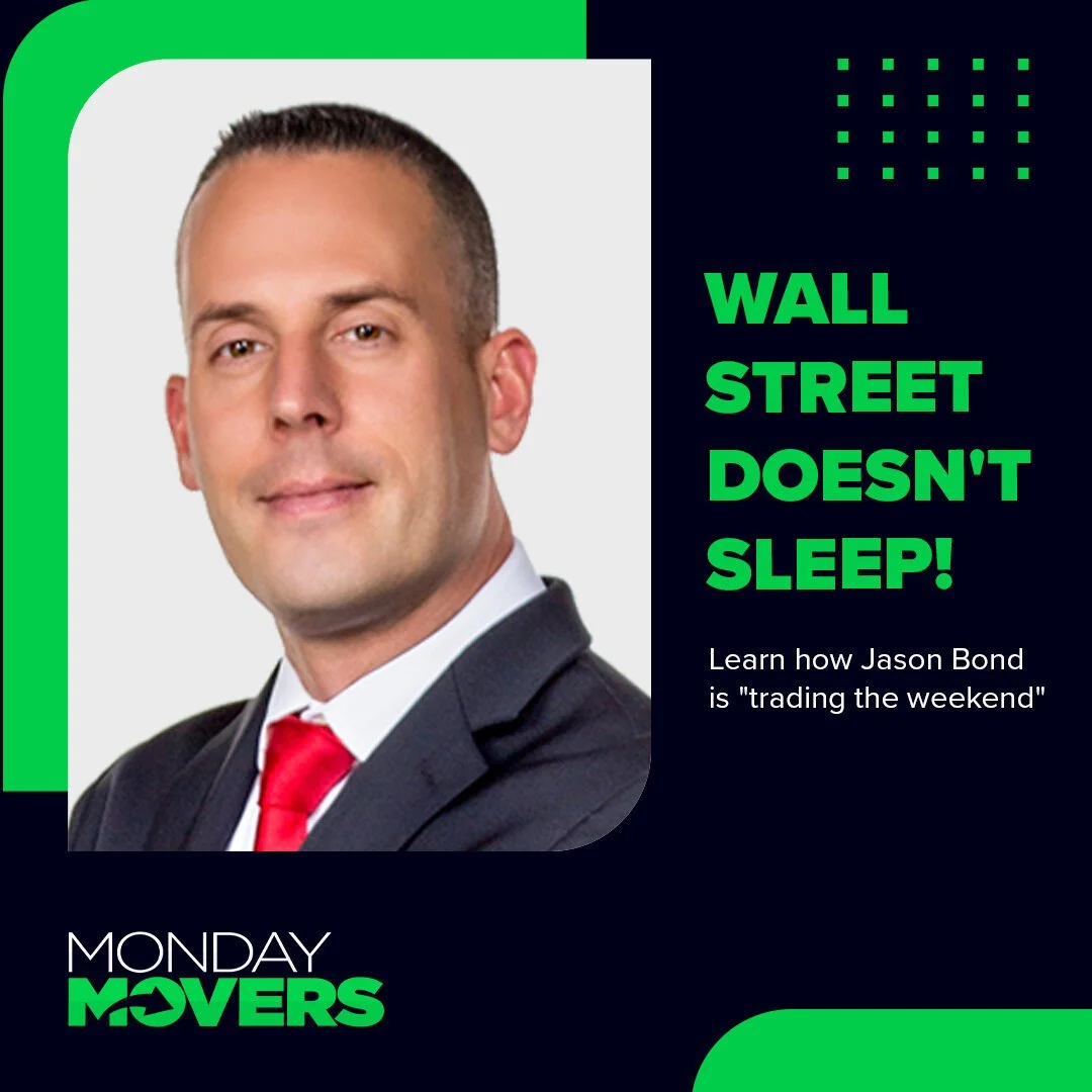 A promotional graphic features a headshot of Jason Bond, a man in a dark suit with a red tie, with text highlighting his trading activities. The text reads 'Wall Street Doesn't Sleep!' and mentions learning how he trades on weekends. The design inclu