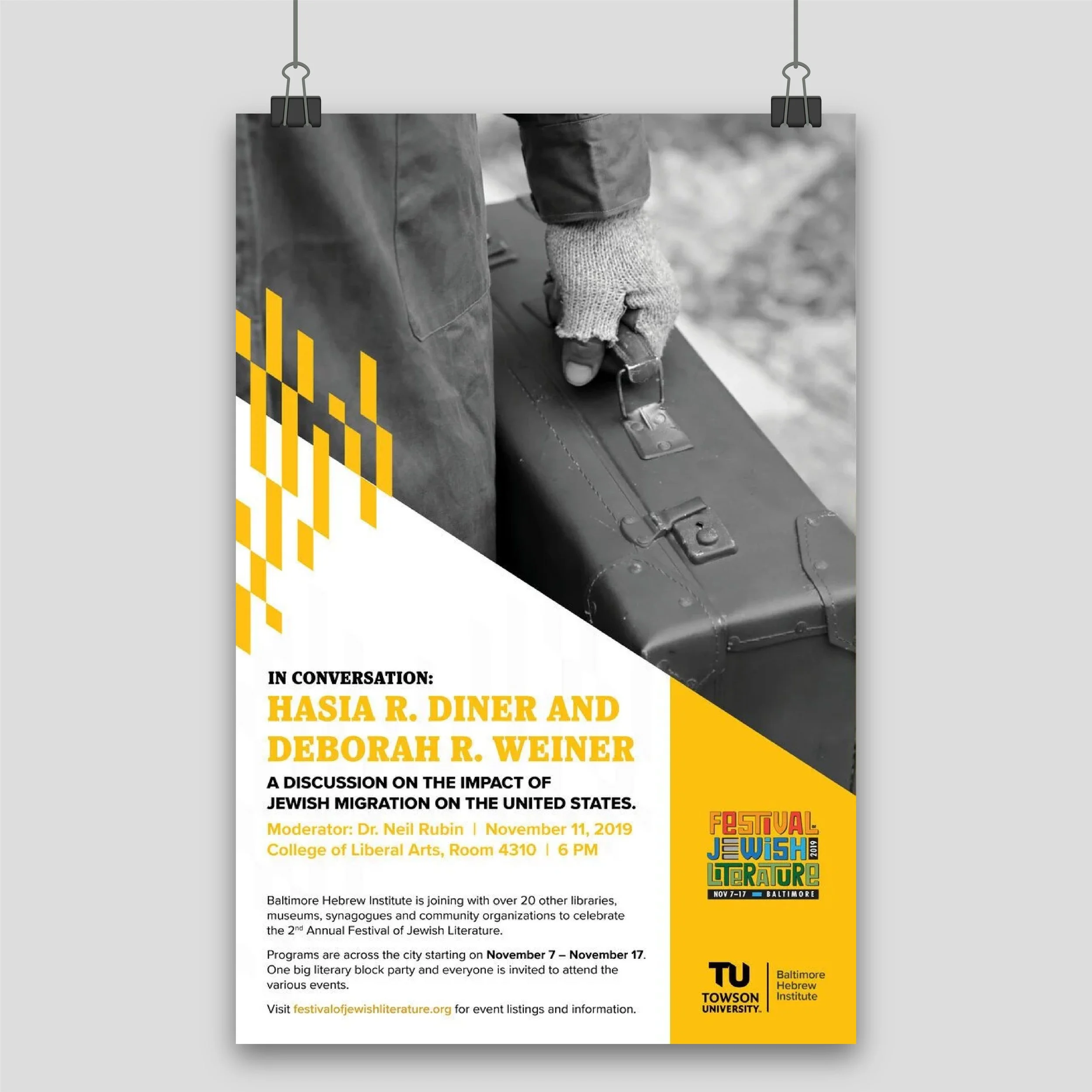 Poster for a discussion event featuring Hasia R. Diner and Deborah R. Weiner about the impact of Jewish migration on the United States, scheduled on November 11, 2019, at Towson University, Baltimore Hebrew Institute.