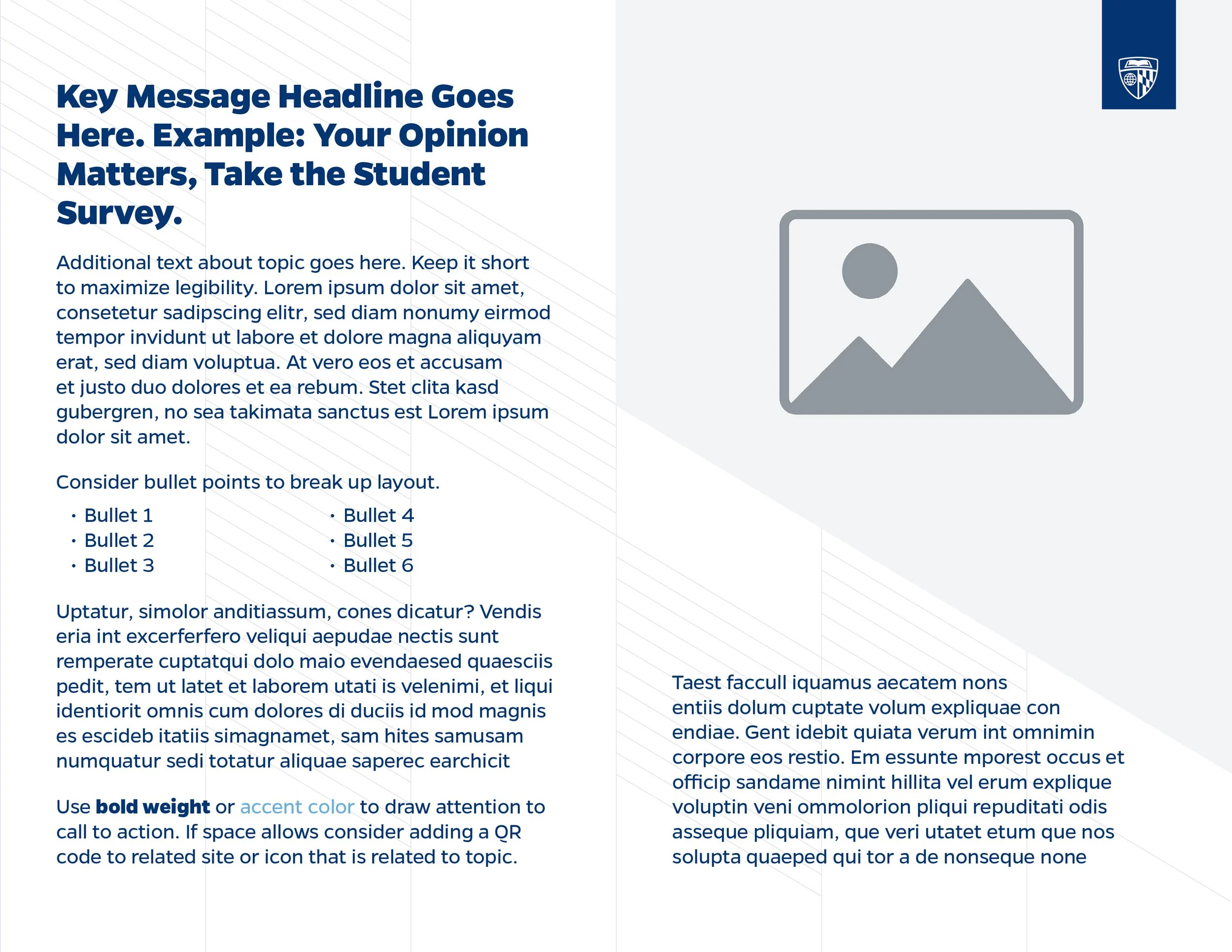 A slide presentation with a blue and gray color scheme. It includes a sample title, paragraph text, checklists, and a placeholder image icon.