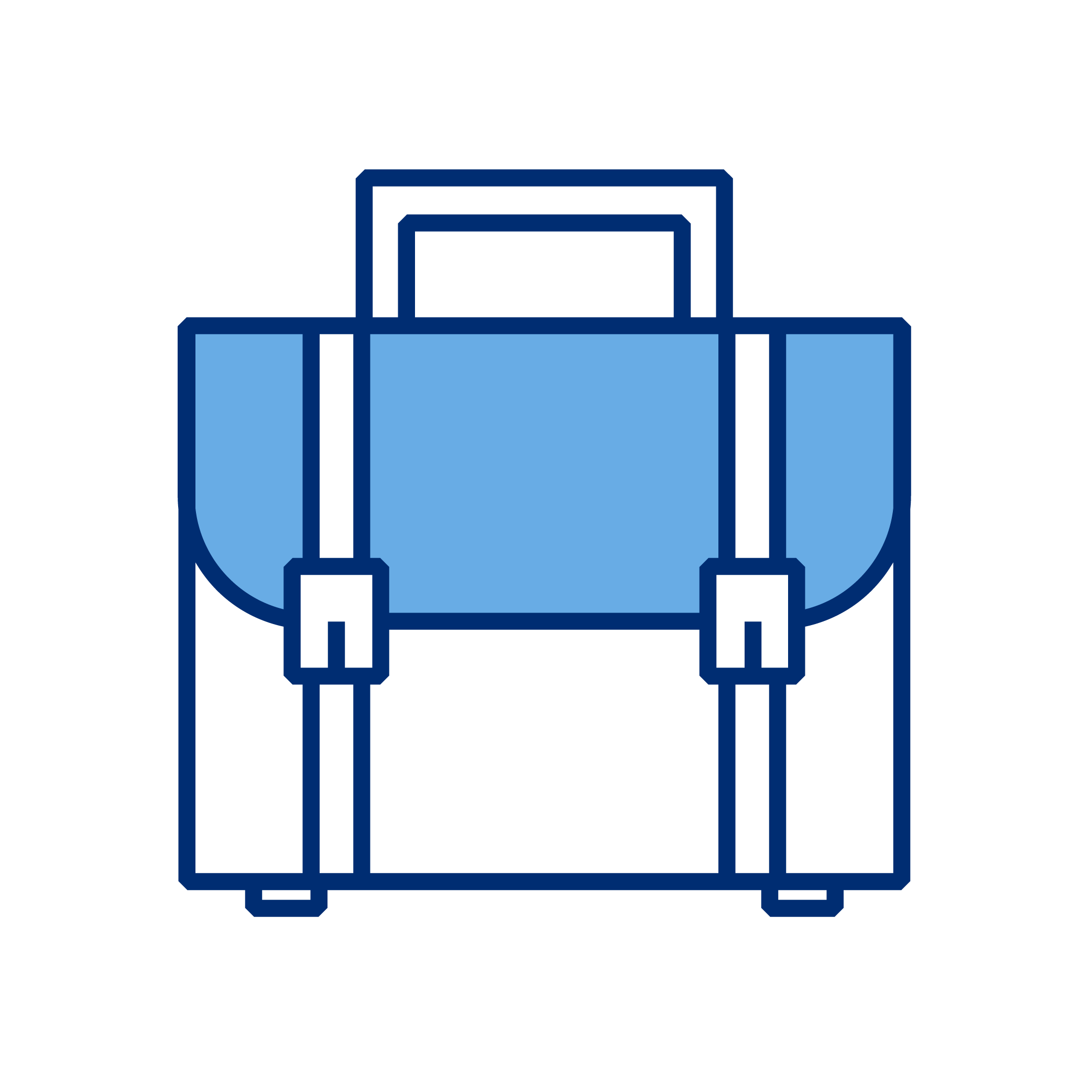 Icon of a backpack in blue with straps and a handle, outlined in dark blue.