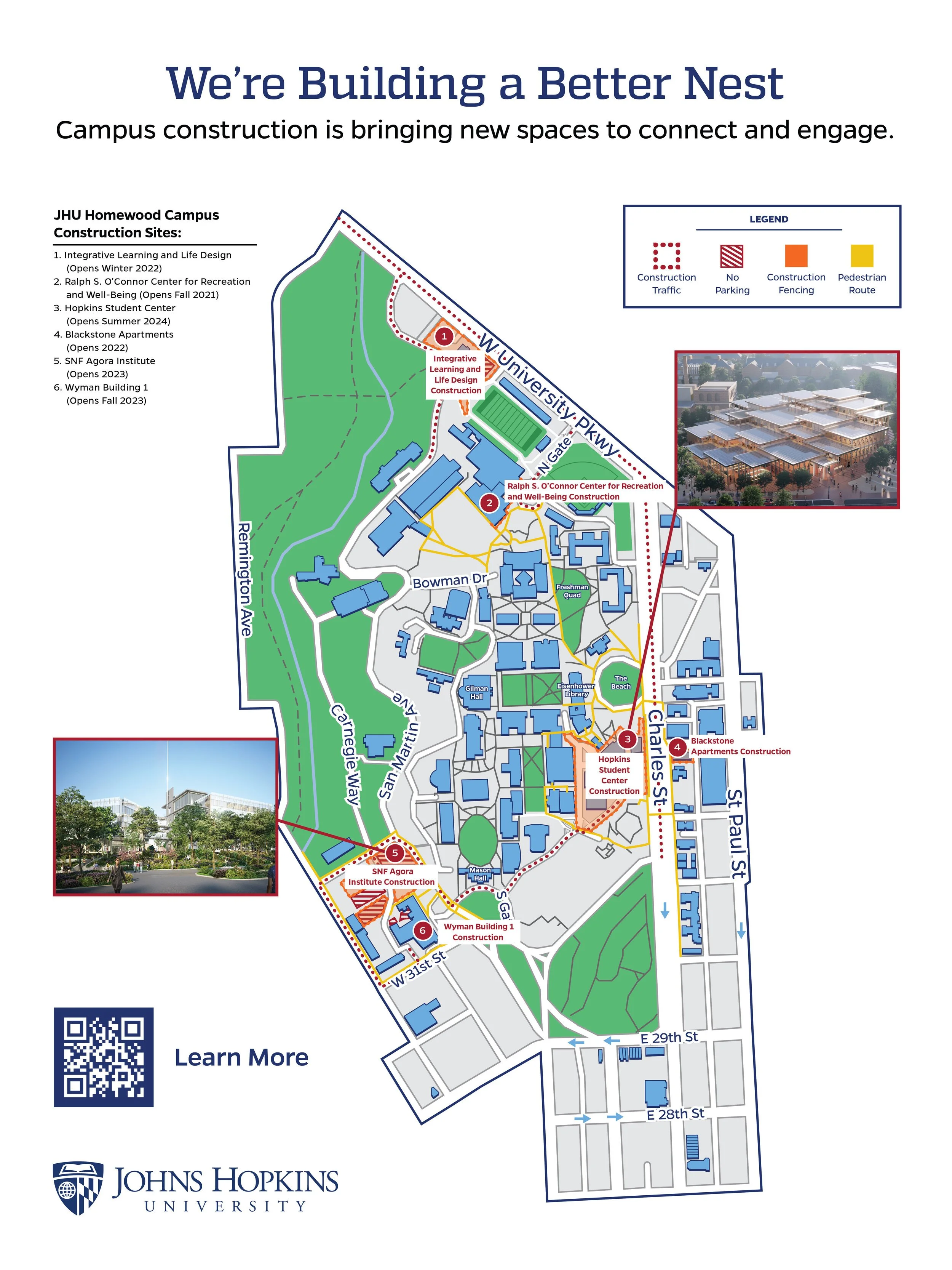 Campus map of Johns Hopkins University highlighting construction sites for new buildings including the Integrative Learning and Life Design, Ralph S. O’Connor Center for Recreation and Well-Being, Blackstone Apartments, SNF Agora Institute, and Wyman Building, with locations marked and construction status indicated, along with nearby streets and a QR code for more information.