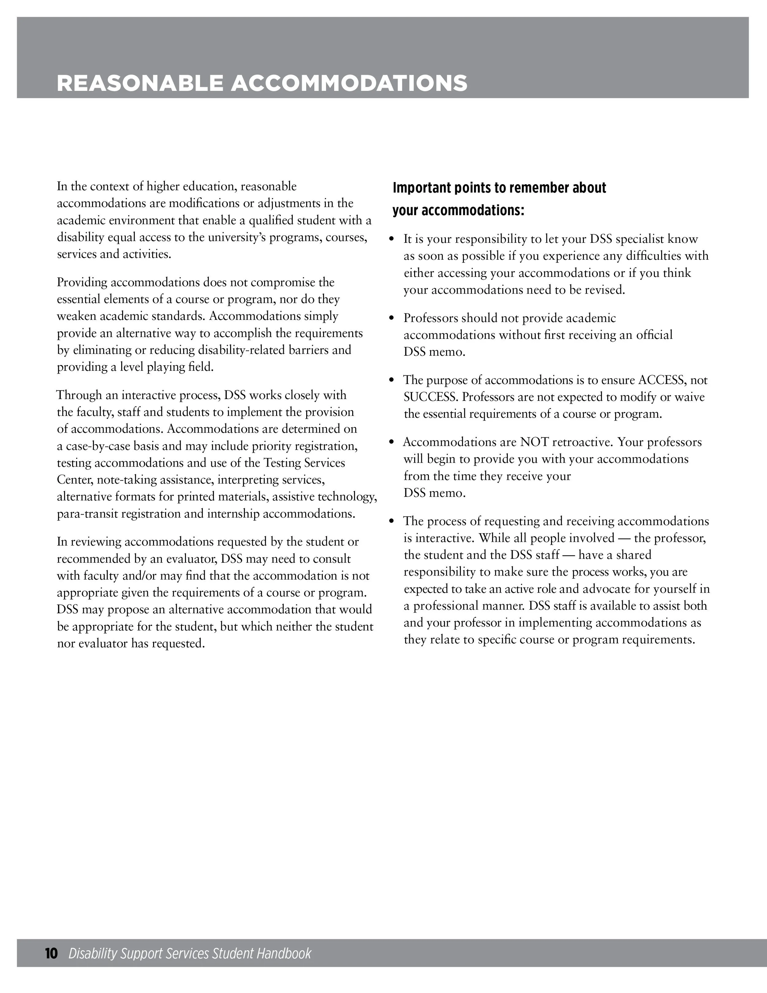 Page from a student handbook titled "REASONABLE ACCOMMODATIONS." Contains text about accommodations in higher education, including important points to remember and procedures for requesting accommodations. The page number is 10, and it is from the "D