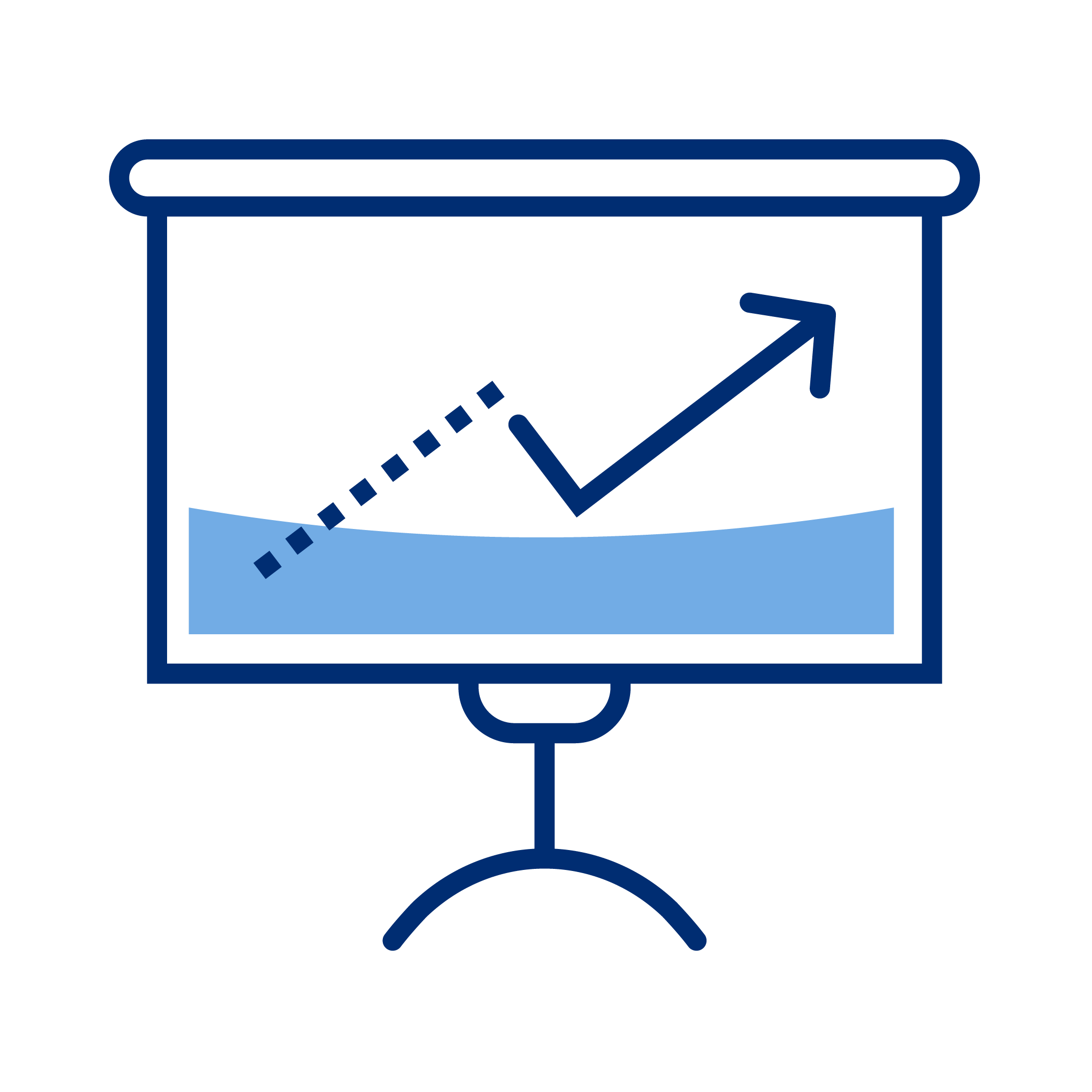 A presentation screen showing a graph with a dashed descending line and an upward trending arrow, with a blue shaded area underneath.