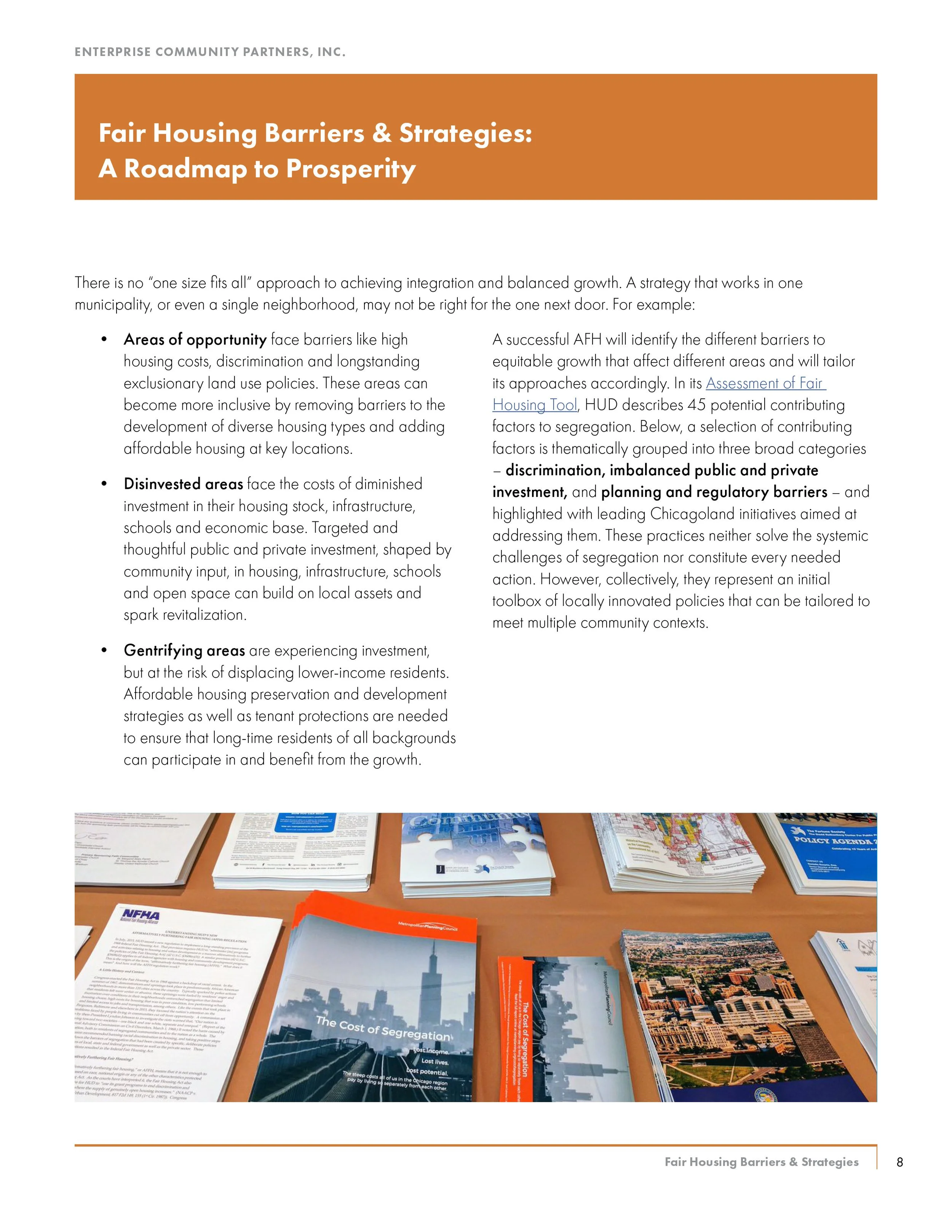 Page from a report on fair housing barriers and strategies, with a photo of various informational brochures and reports about segregation placed on a table.