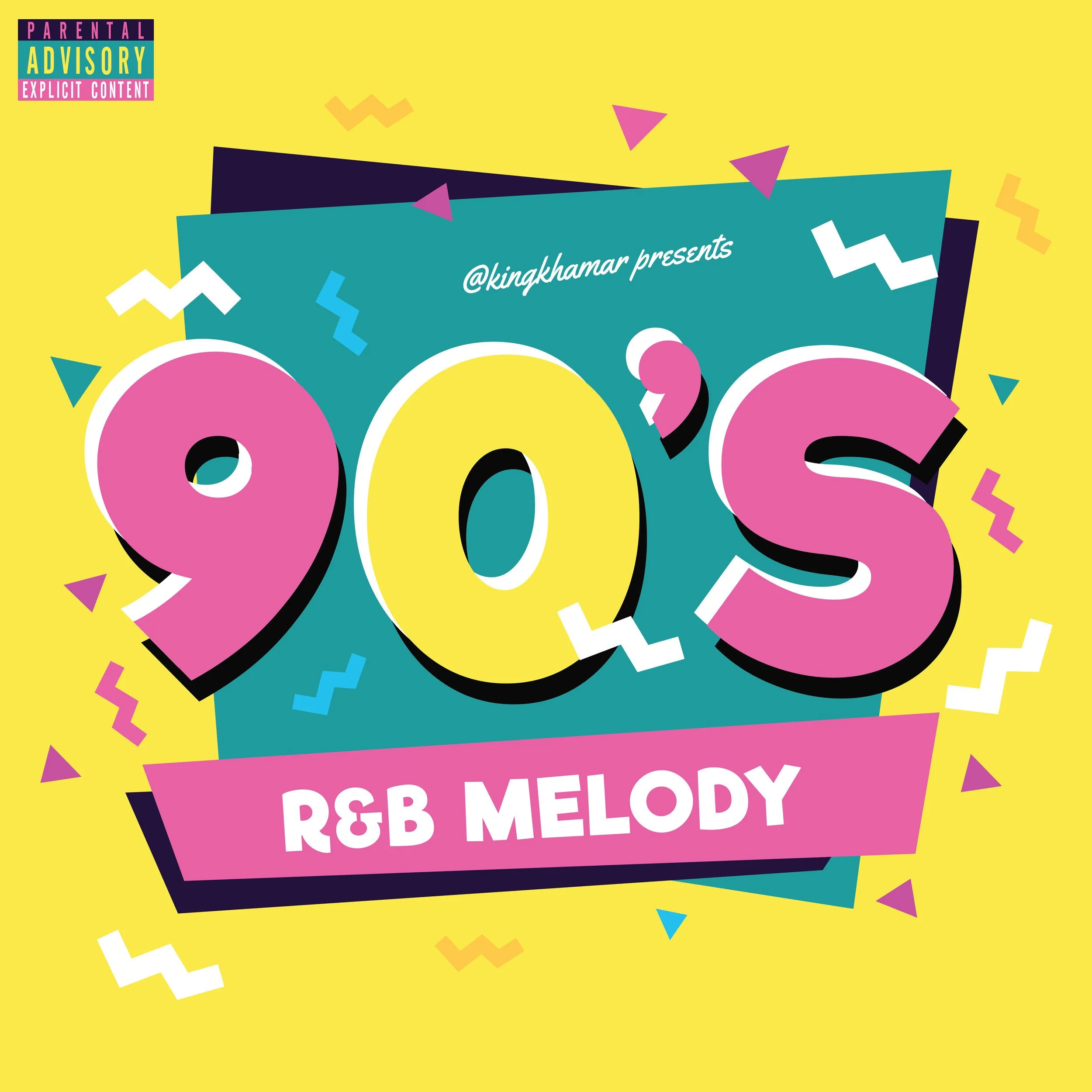 Colorful graphic celebrating the 90s with bold text saying '90s R&B Melody' on a yellow background, featuring playful shapes and confetti.