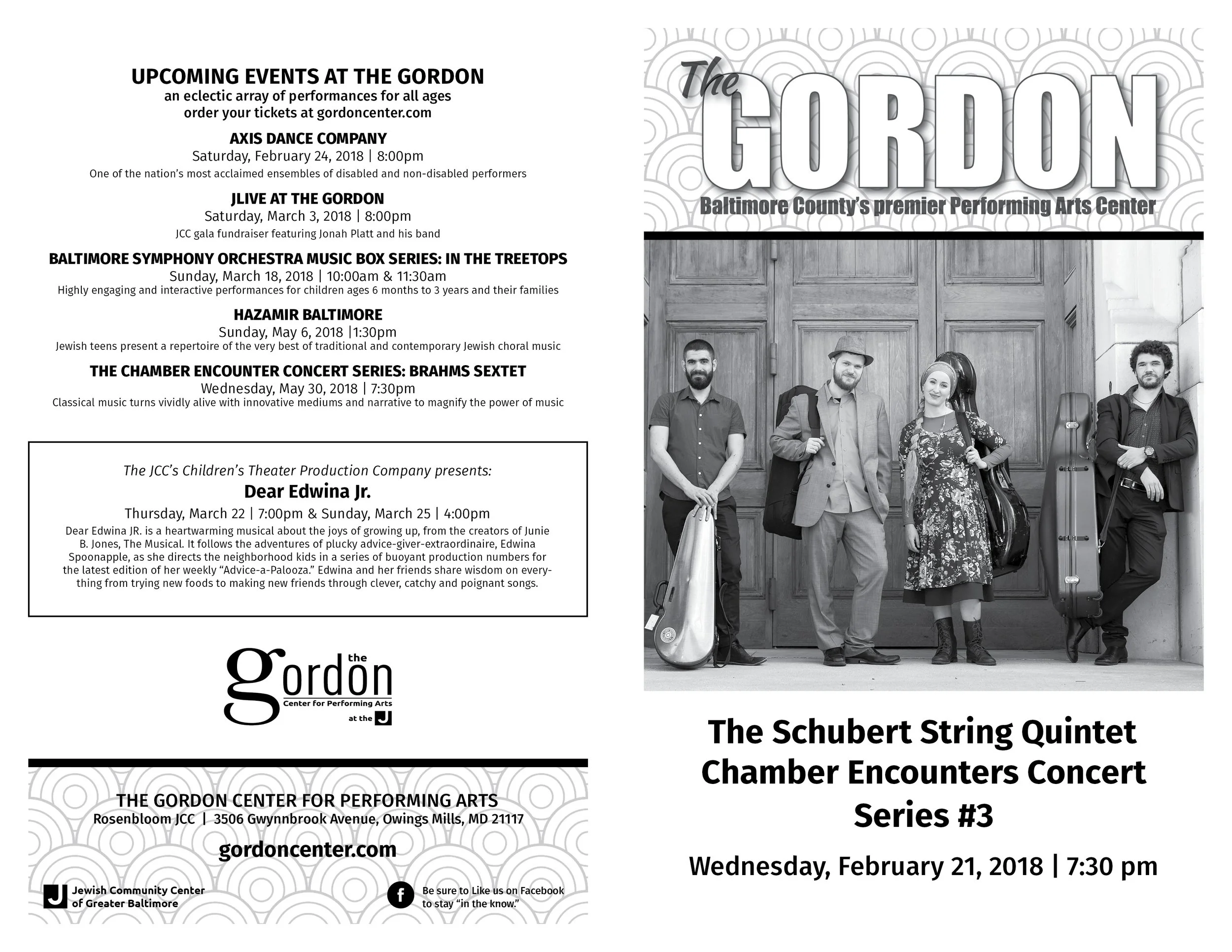 Event flyer for the Gordon Center for Performing Arts in Baltimore, Maryland, featuring performances including Axis Dance Company, JLive at the Gordon, Baltimore Symphony Orchestra, Hazamir Baltimore, and the Chamber Encounter Concert Series with Bra