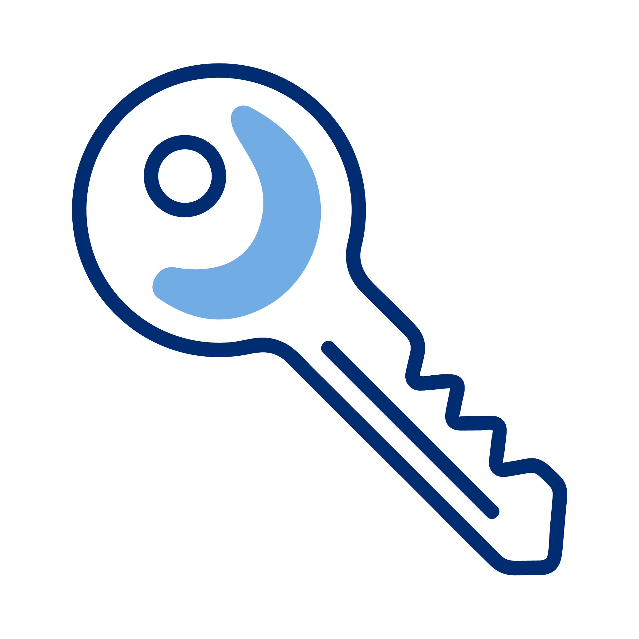 Illustration of a key with a circular head and a jagged blade, outlined in dark blue with light blue details.