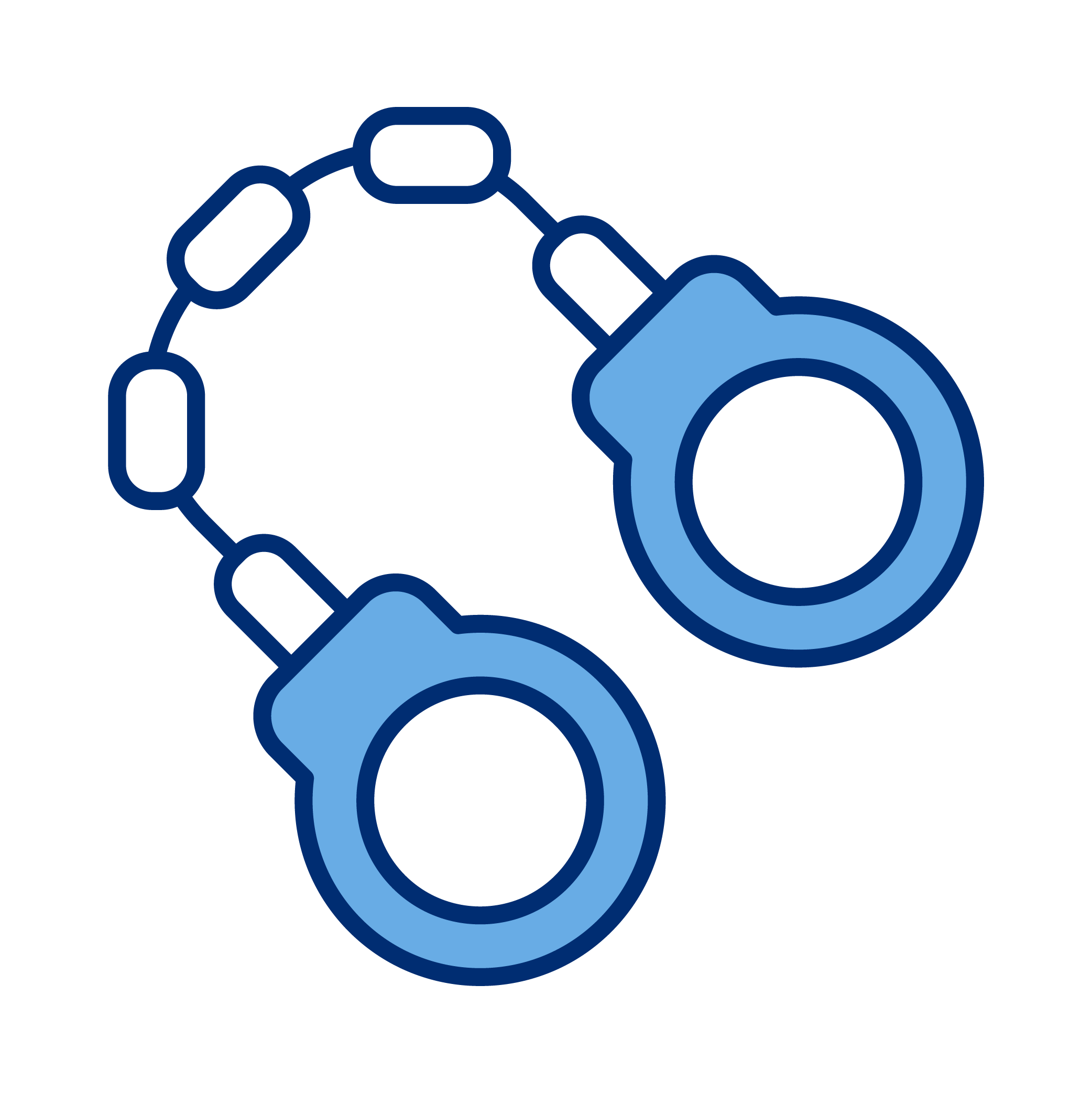 Illustration of blue handcuffs with connected chain links on a black background.