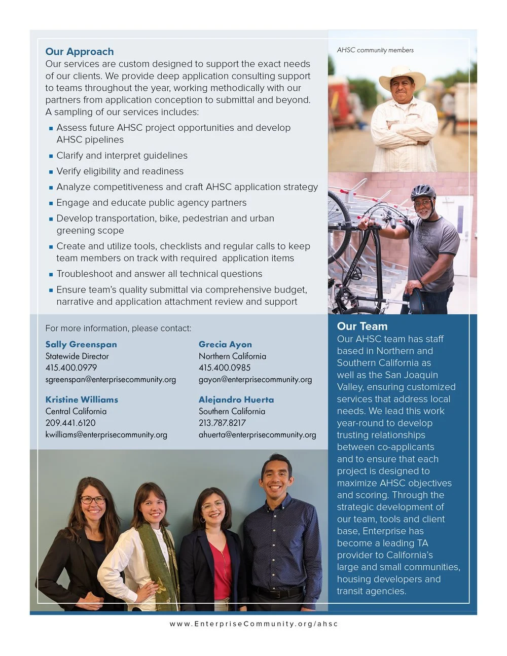 A brochure page about an organization called AHSC, featuring text about their approach and team, along with a photo of four diverse smiling team members, including three women and one man, standing together against a light-colored background.