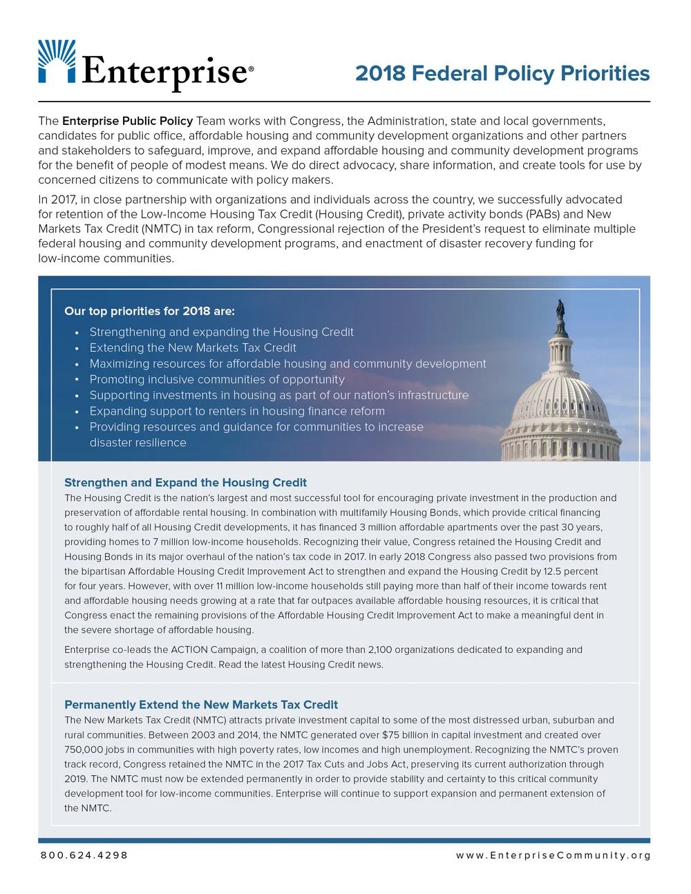 Infographic about 2018 federal policy priorities from Enterprise, featuring the U.S. Capitol building.