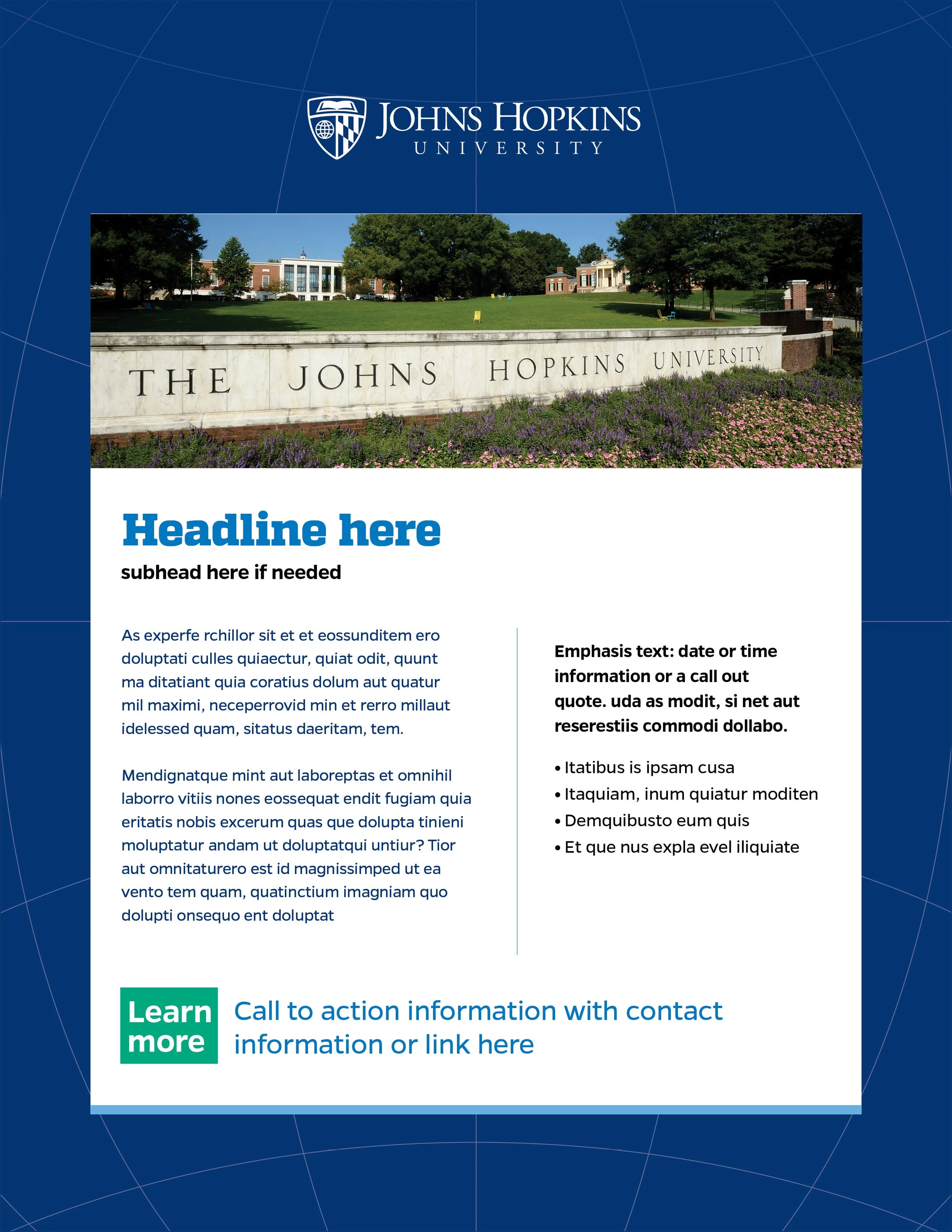 Poster featuring Johns Hopkins University with a photo of the campus, a headline placeholder, and informational text about the university and contact details.