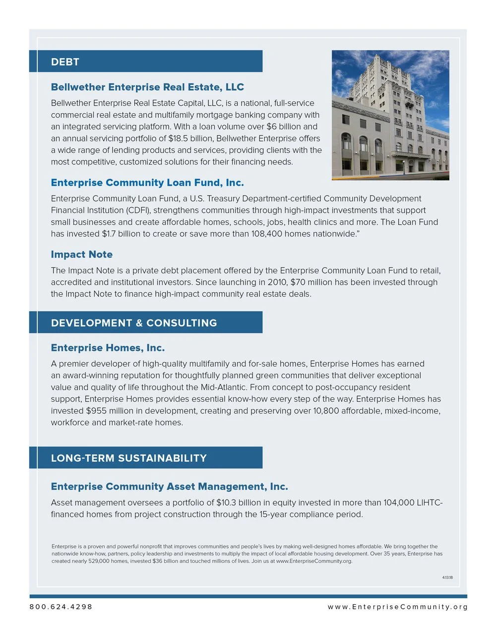 Corporate brochure page with sections about debt, development, and sustainability, including a photo of a white building with multiple floors and a blue sky.
