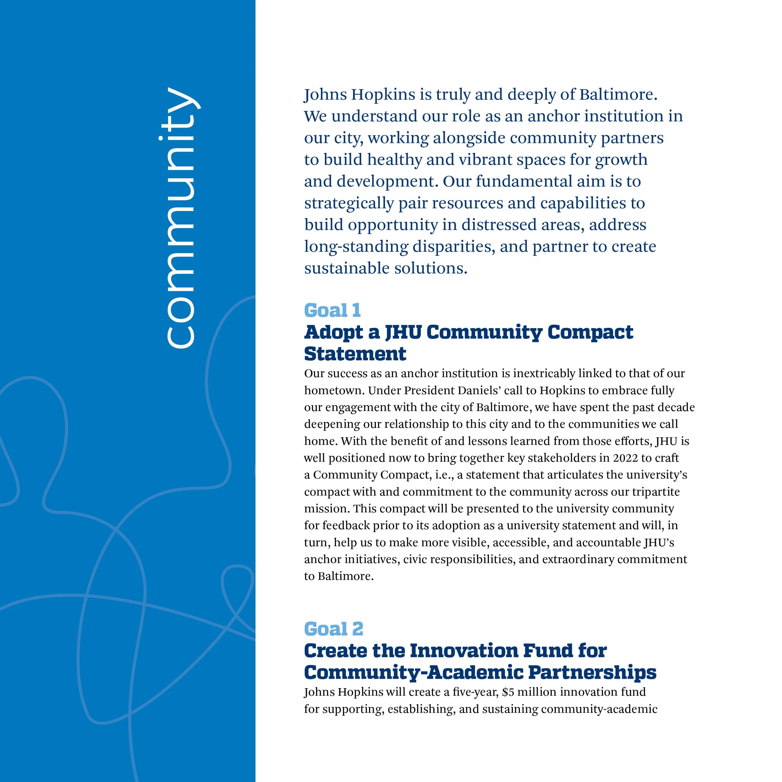 A document page discussing Johnson Hopkins' role as a community anchor in Baltimore, emphasizing goals like adopting a community compact statement and creating an innovation fund for community-academic partnerships.