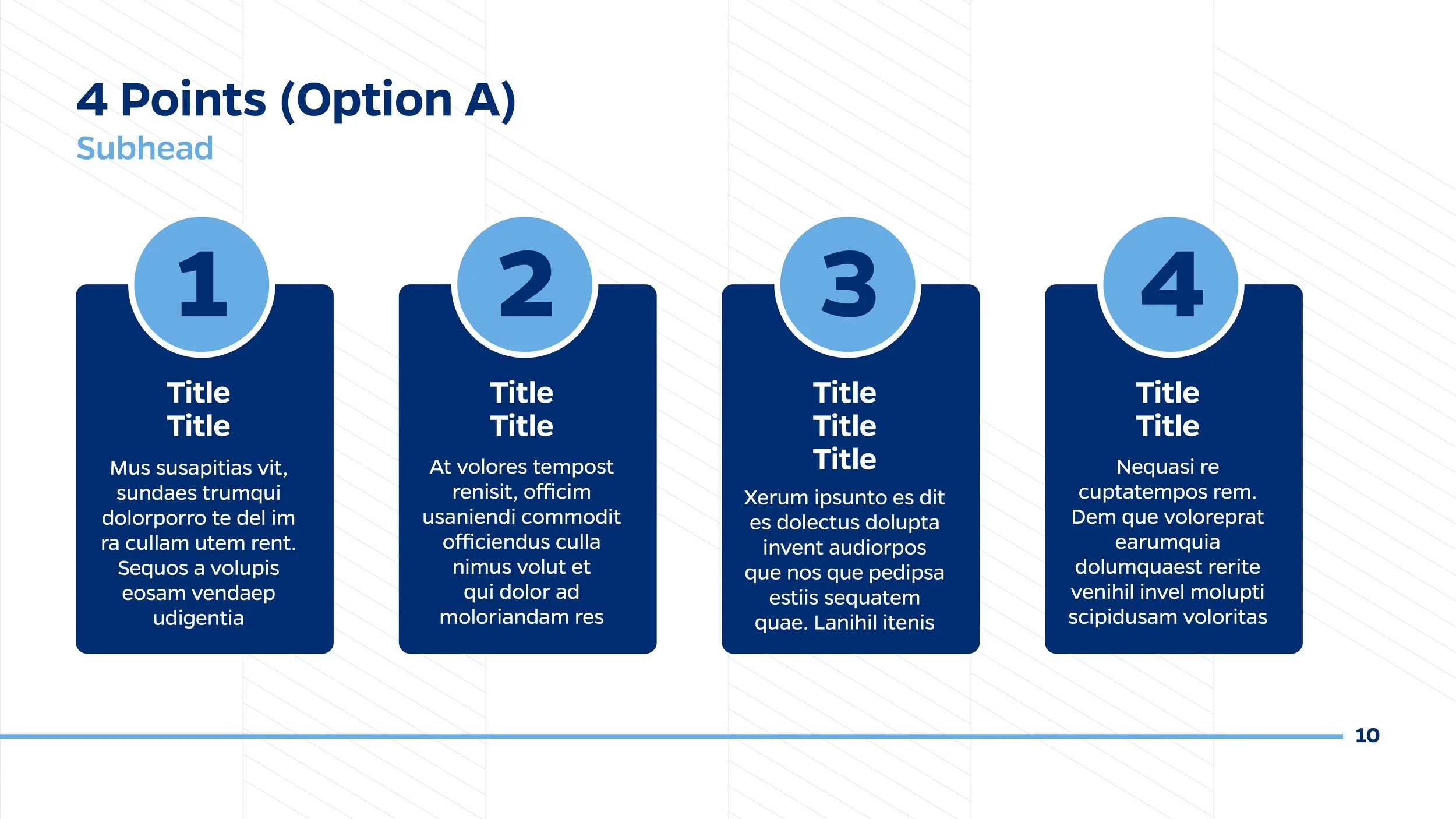 A presentation slide showing a list titled '4 Points (Option A)', with a subheading 'Subhead', four numbered sections each with a blue circle containing a number 1 through 4, and placeholder text for titles and descriptions in each section. The backg