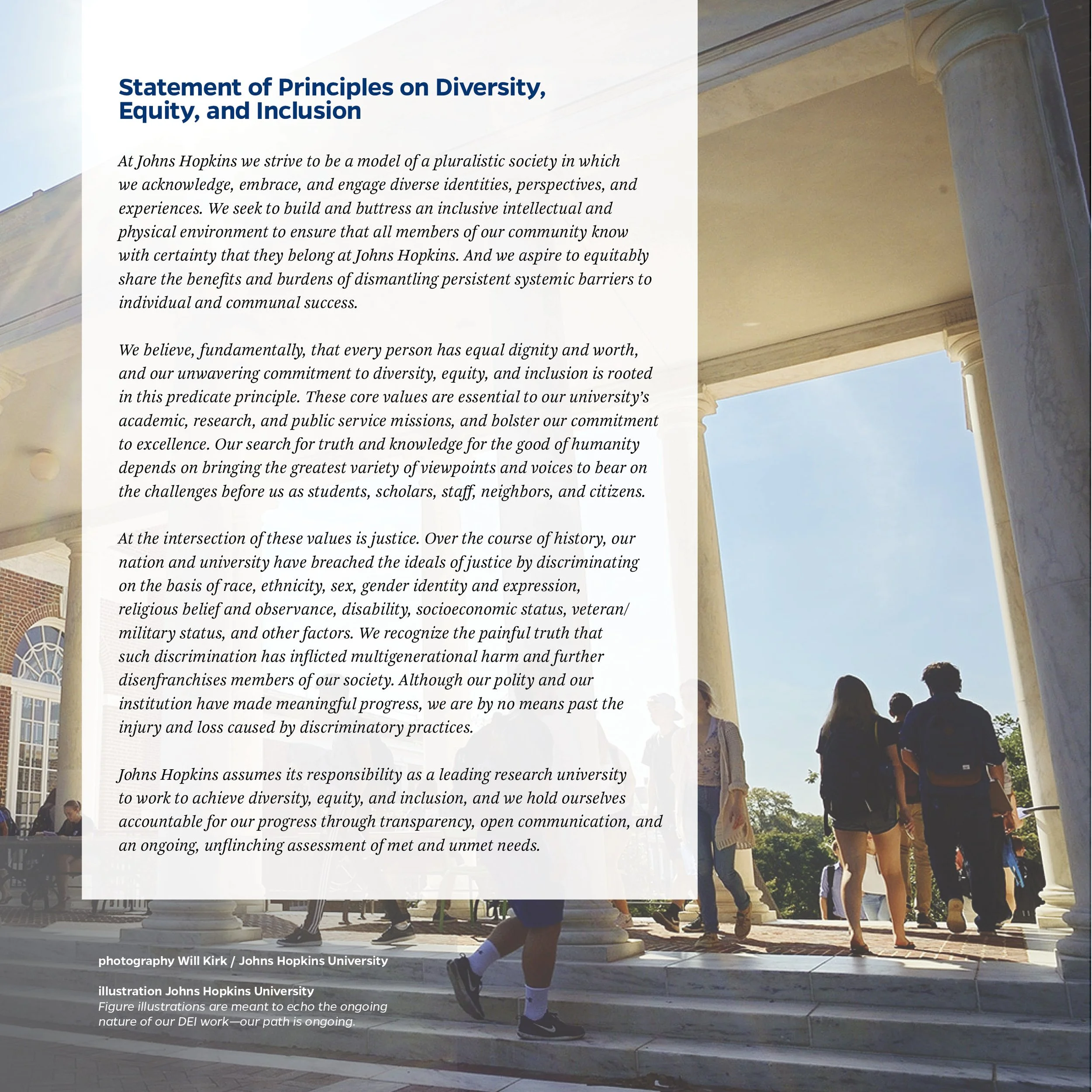 Text of the principles on diversity, equity, and inclusion from Johns Hopkins University with a background image of students walking on campus near pillars and an arched walkway on a sunny day.