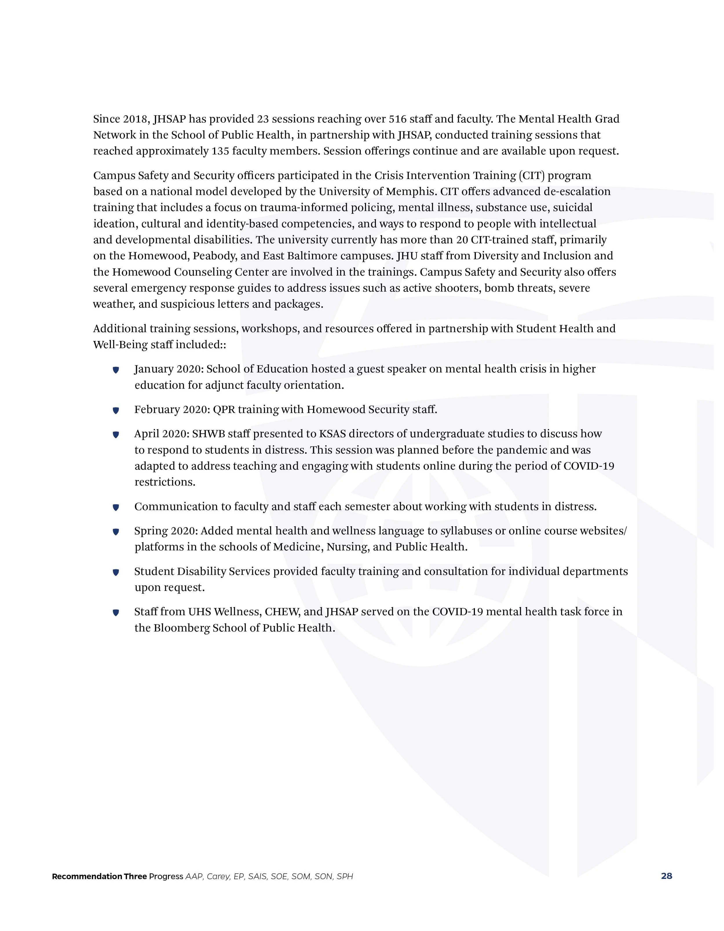 Page of a document discussing the training sessions and activities related to mental health, campus safety, and diversity initiatives at a university, with various bullet points outlining specific events and dates.