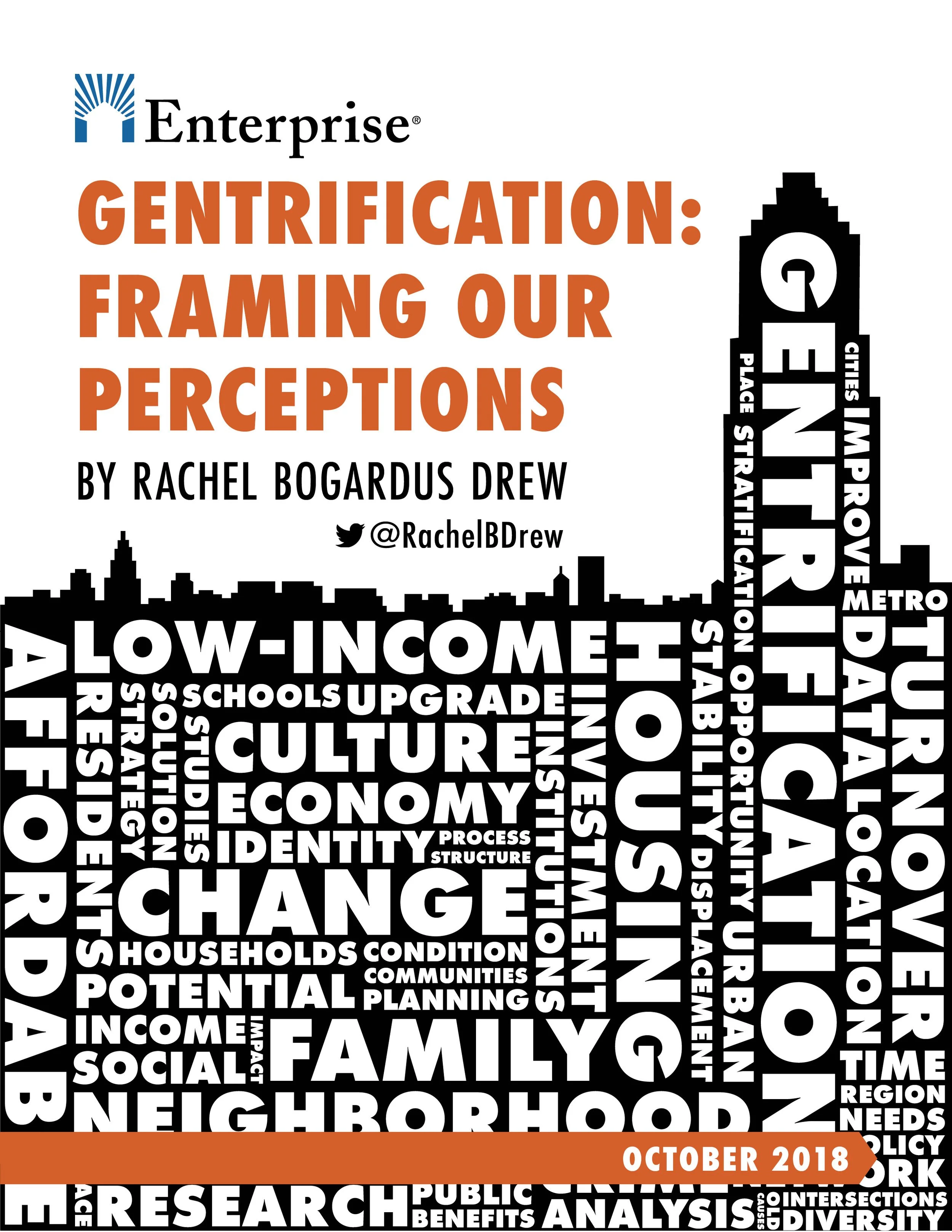 Poster titled 'Gentrification: Framing Our Perceptions' by Rachel Bogardus Drew, published in October 2018, featuring a word cloud with themes like income, change, family, neighborhood, research, and culture.