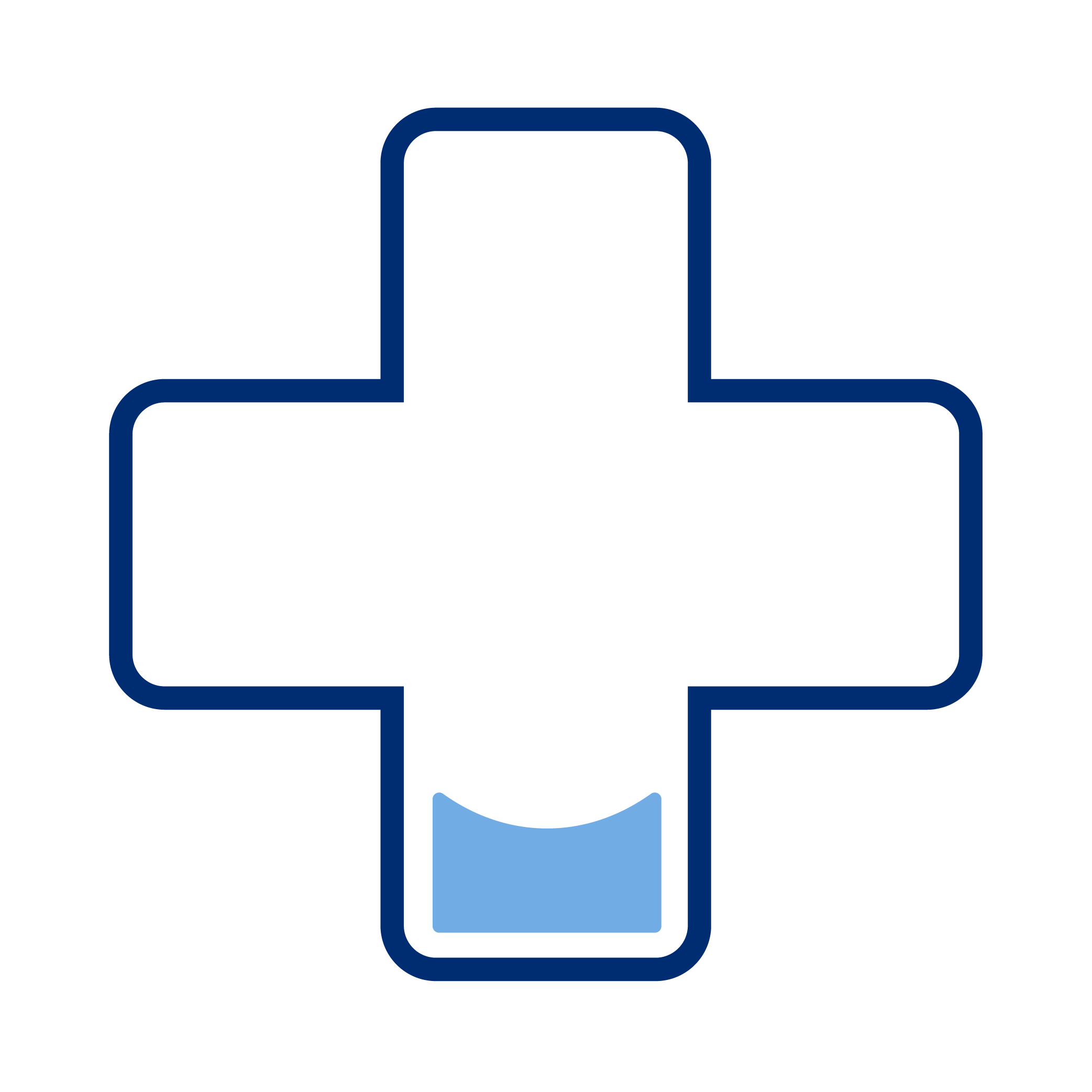 Medical cross symbol with a dark blue outline and a light blue curved section at the bottom.