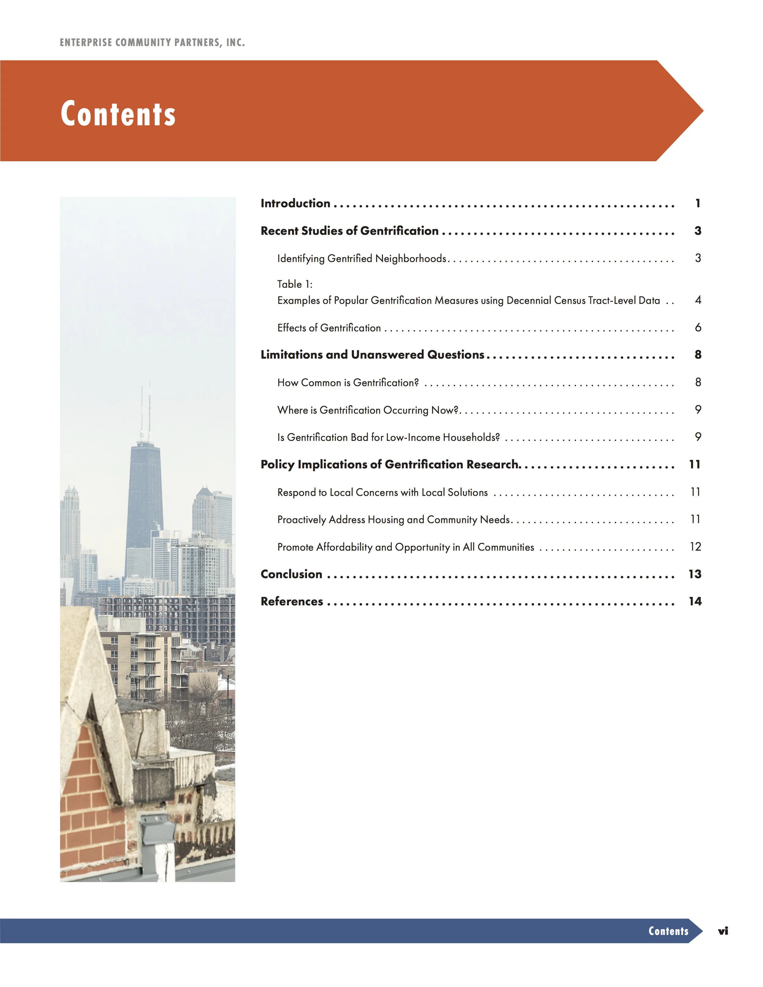 Table of contents page from a report with a city skyline image on the left showing high-rise buildings and a rooftop view with a chimney in the foreground, orange header with white text listing sections and page numbers.